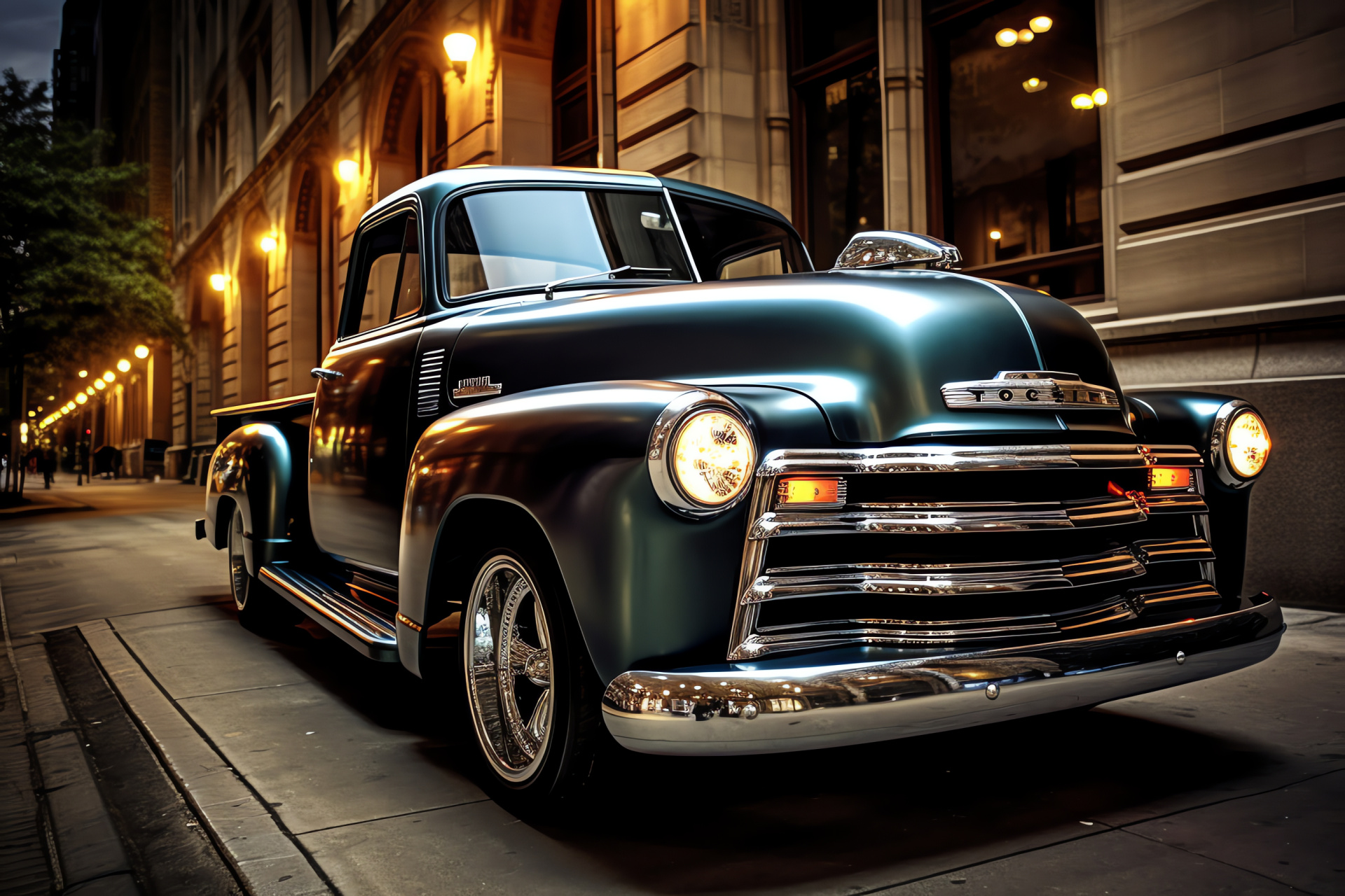 Chevy truck city classic, Urban retro pickup, Vintage chrome detail, Evening street nostalgia, Collector's vehicle, HD Desktop Wallpaper