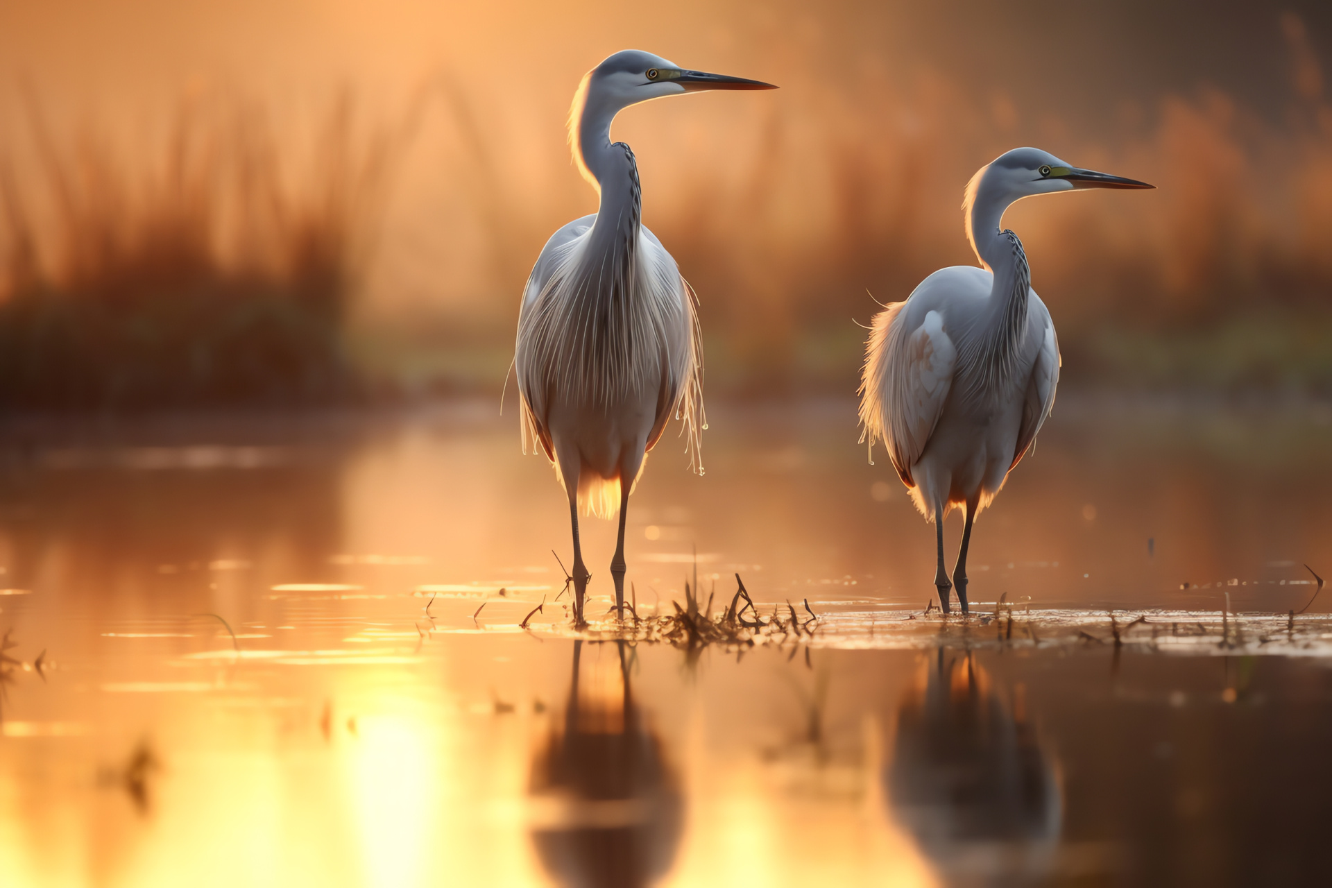 Stalking Heron stature, Water bird species, Marshland ambiance, Reflective feather sheen, Poised fishing tactic, HD Desktop Image