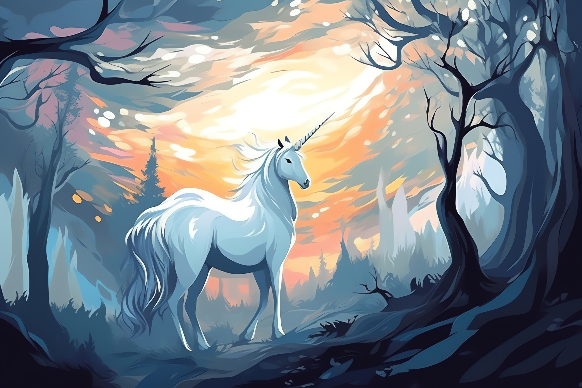 Mythical Unicorn, gleaming horn, silky mane, diaphanous tail, monochrome coat, HD Desktop Image