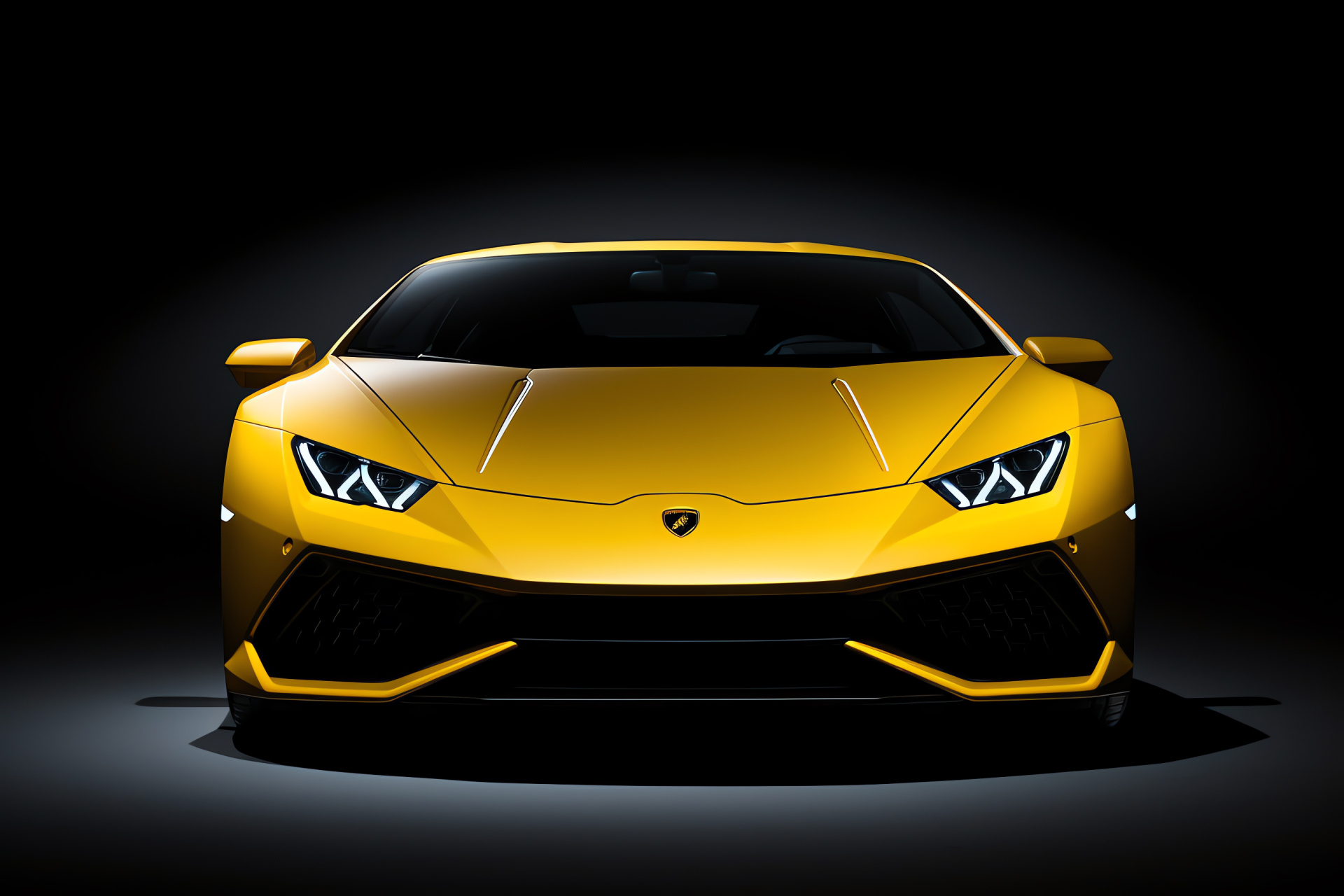 New Lamborghini Huracan EVO, Yellow Sports Car, Elevated View, Monochromatic Backdrop, Italian Auto Design, HD Desktop Image