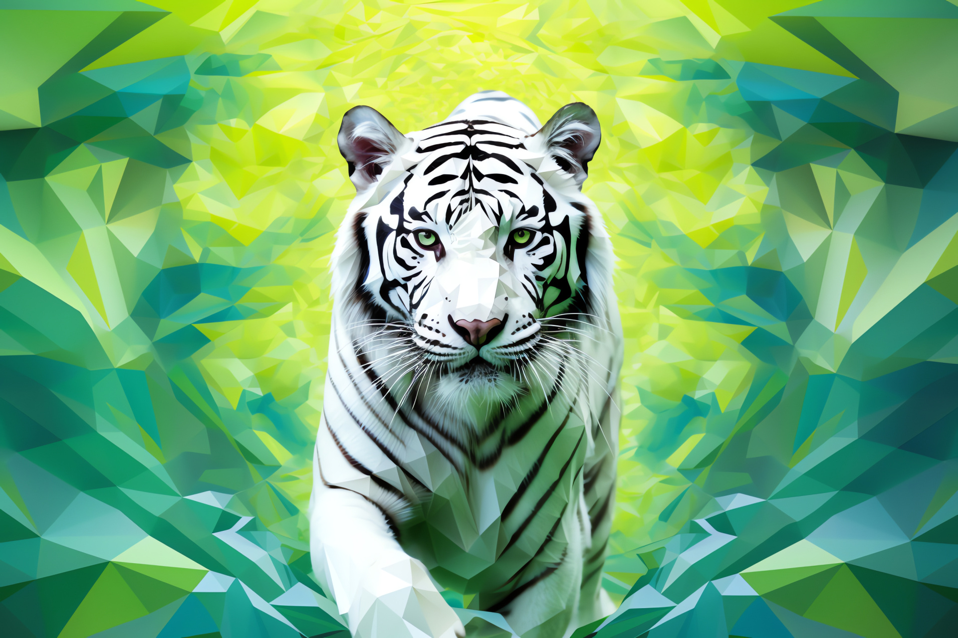 Bengal Tiger stance, Emerald optics, Kaleidoscopic canvas, Jungle hues, Wild feline, HD Desktop Image