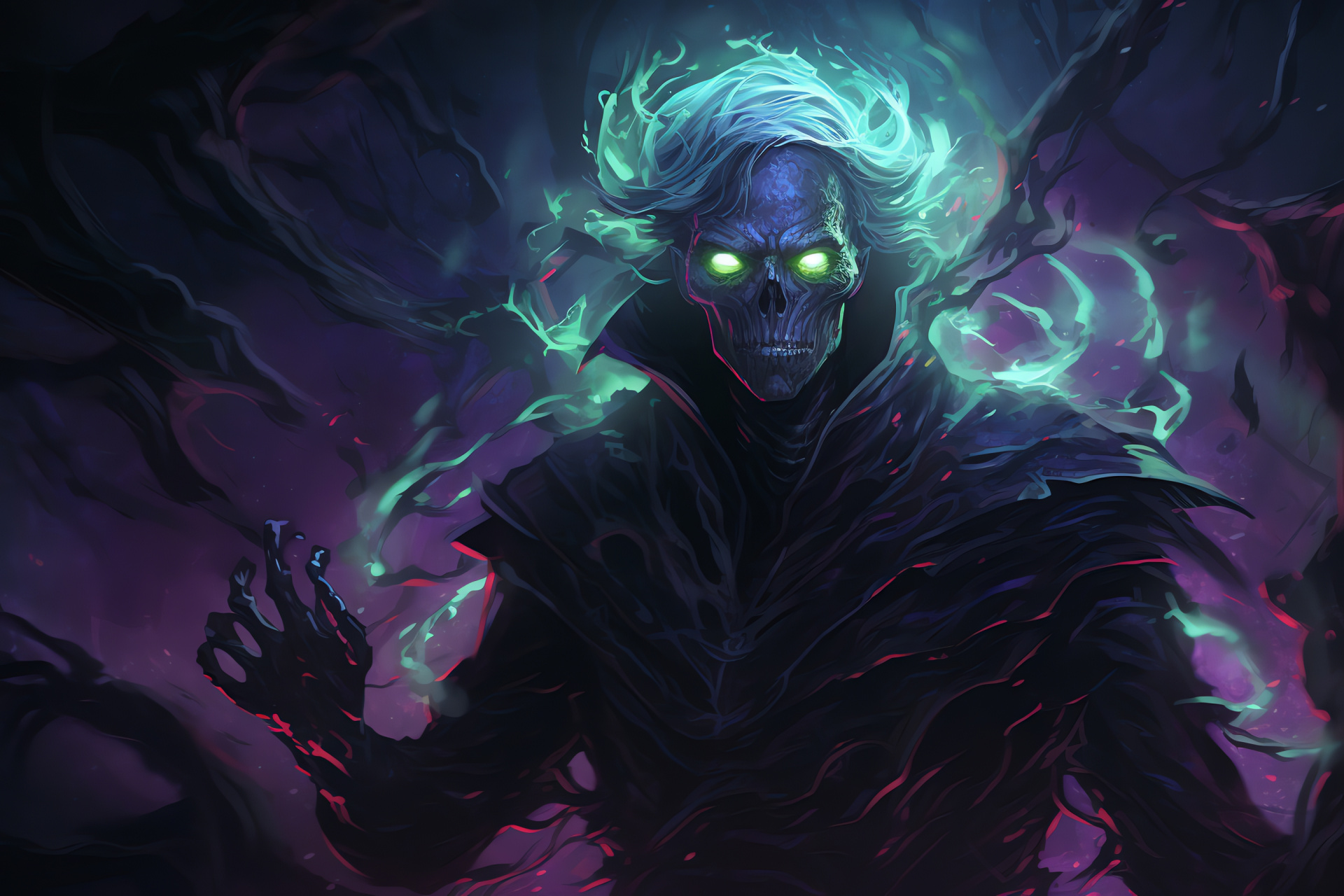 Subterranean chamber Warlock, Spiraling energies, Shadowy abyss, Restless undead, Conjured darkness, HD Desktop Wallpaper