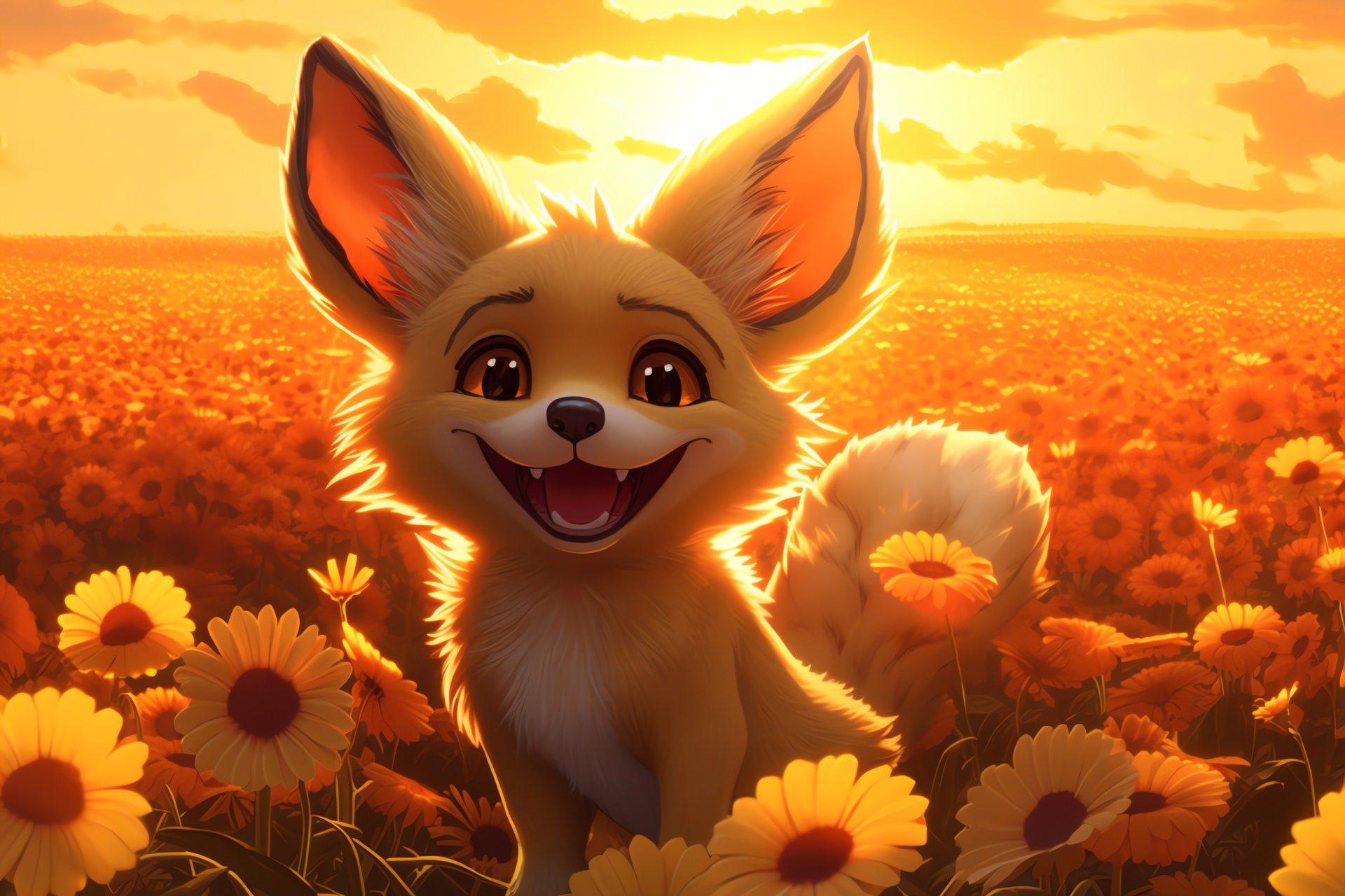 Fennekin among sunflowers, Furry Pokemon, Sunset ambiance, Fiery Fur Pokemon, Gentle flora scene, HD Desktop Image