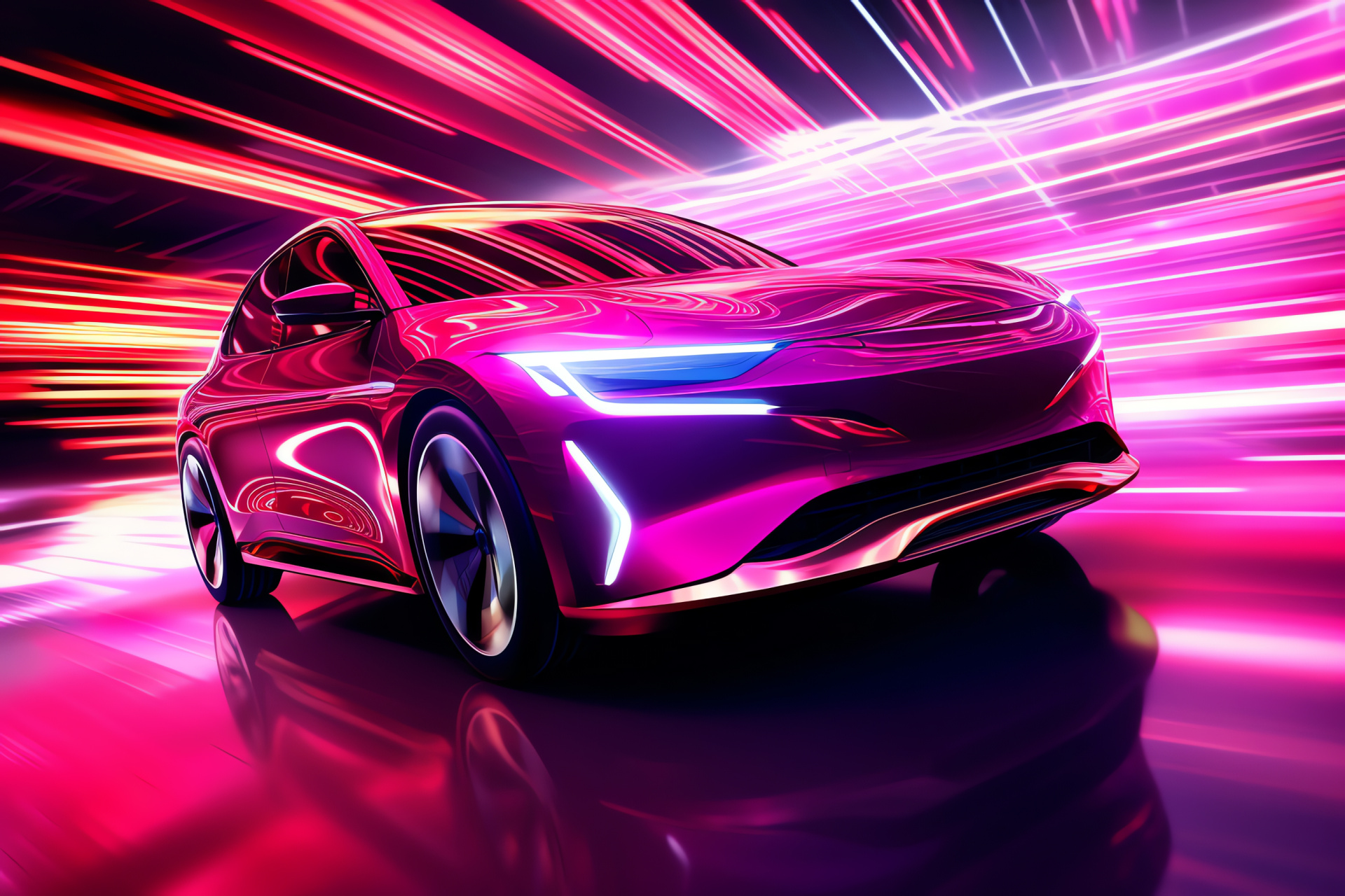 Electric pink car, Aerial auto perspective, Luminous graphic effects, Energy-efficient vehicle, Auto innovation, HD Desktop Wallpaper