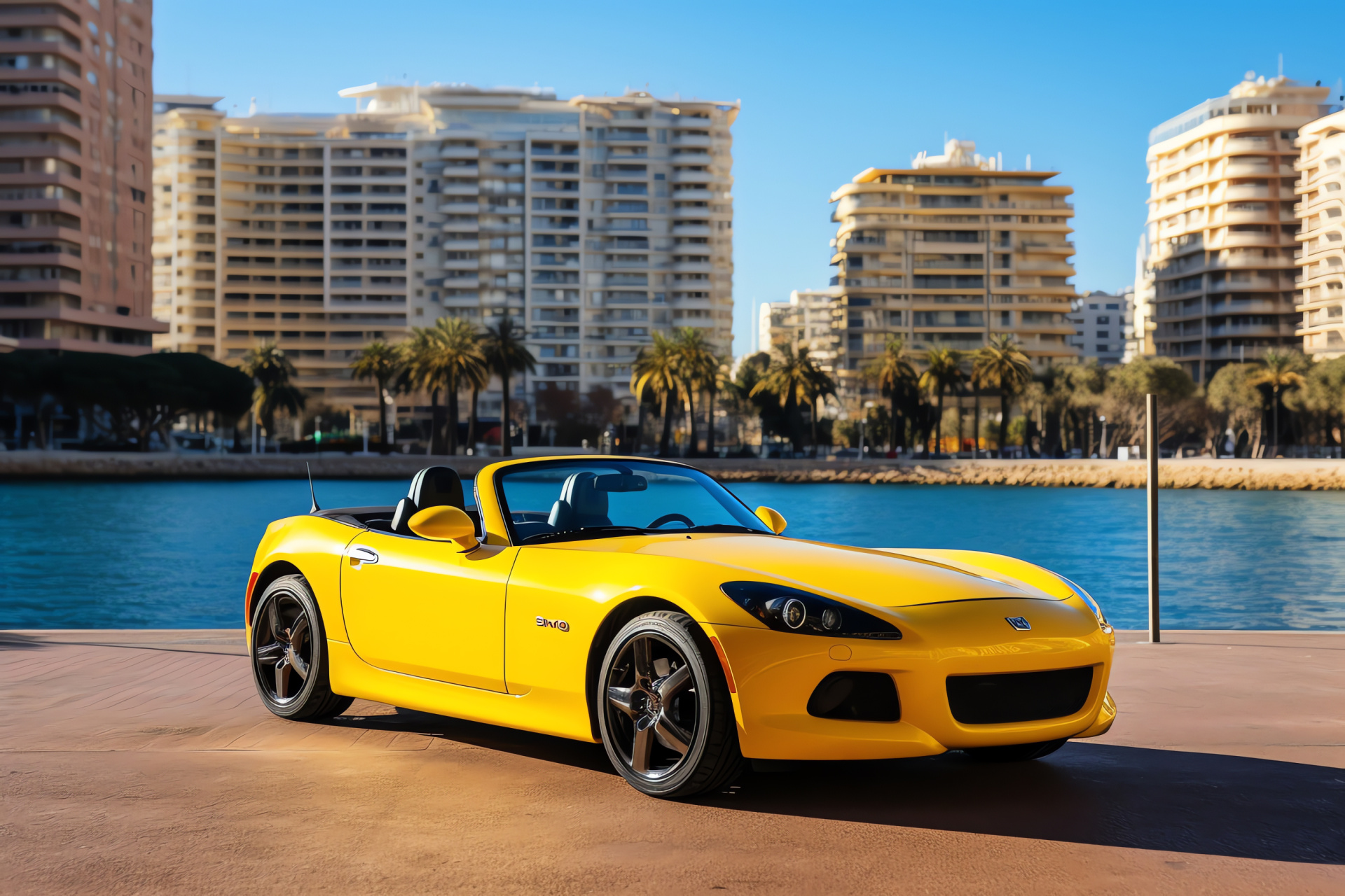 Honda S2000 CR, Barcelona waterfront, Vibrant yellow exterior, Urban architecture, Lively coastal setting, HD Desktop Image