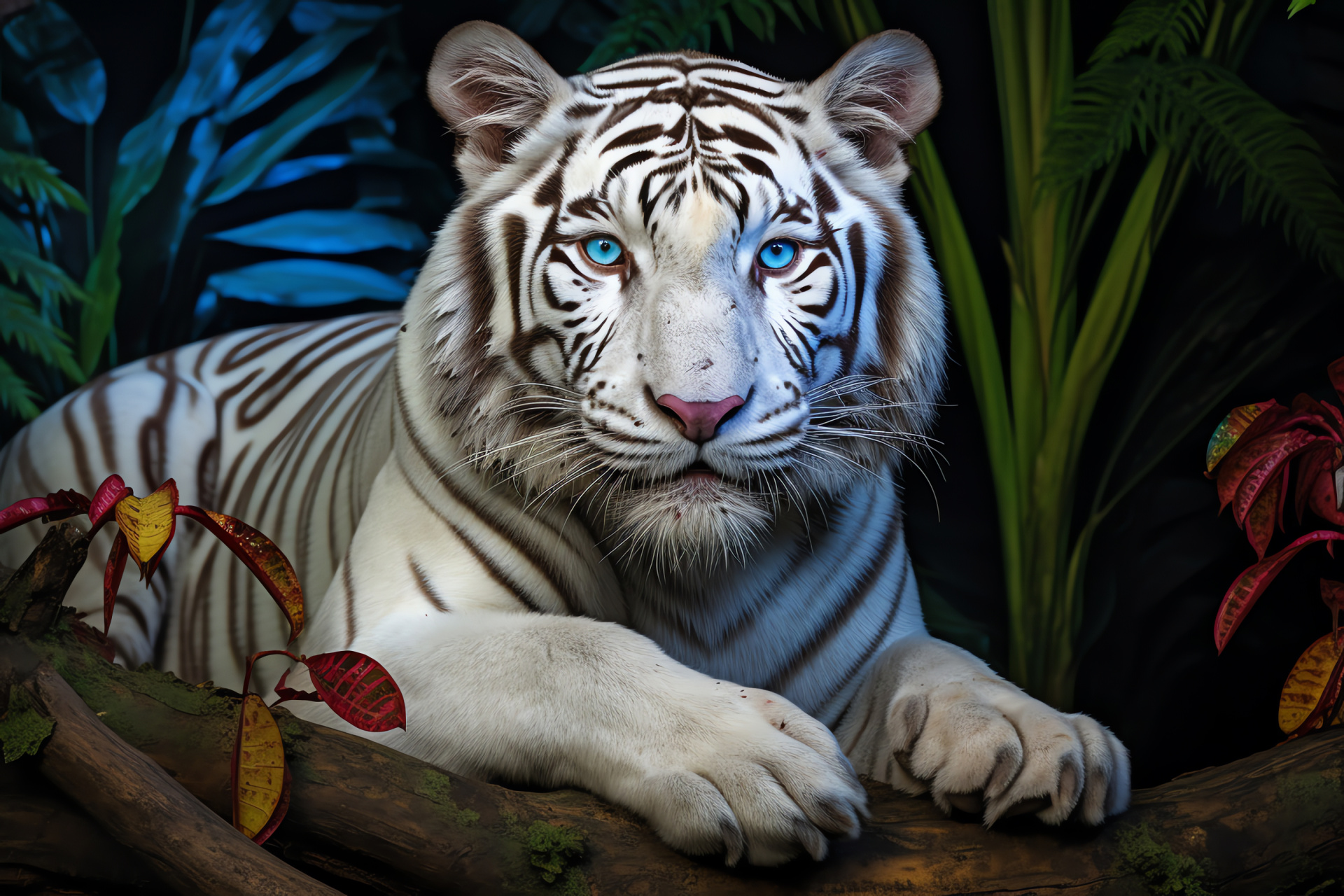 Full Stature Tiger, Trio-color Scenario, Sapphire Gaze, Unblemished Creature, Monochrome Contrast, HD Desktop Wallpaper