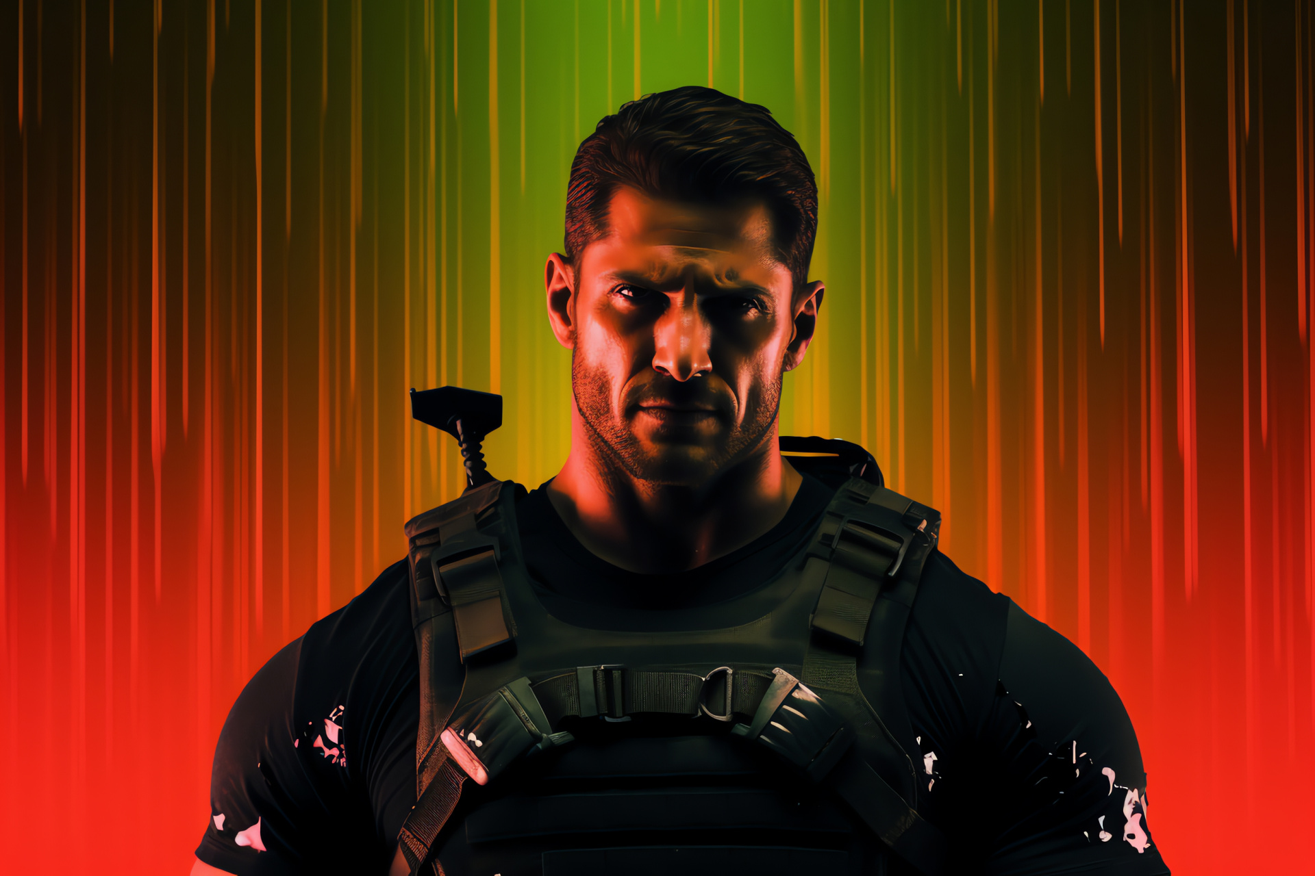 Chris Redfield representation, strong chestnut gaze, built athletic form, stark contrasting backdrop, intense demeanor, HD Desktop Wallpaper