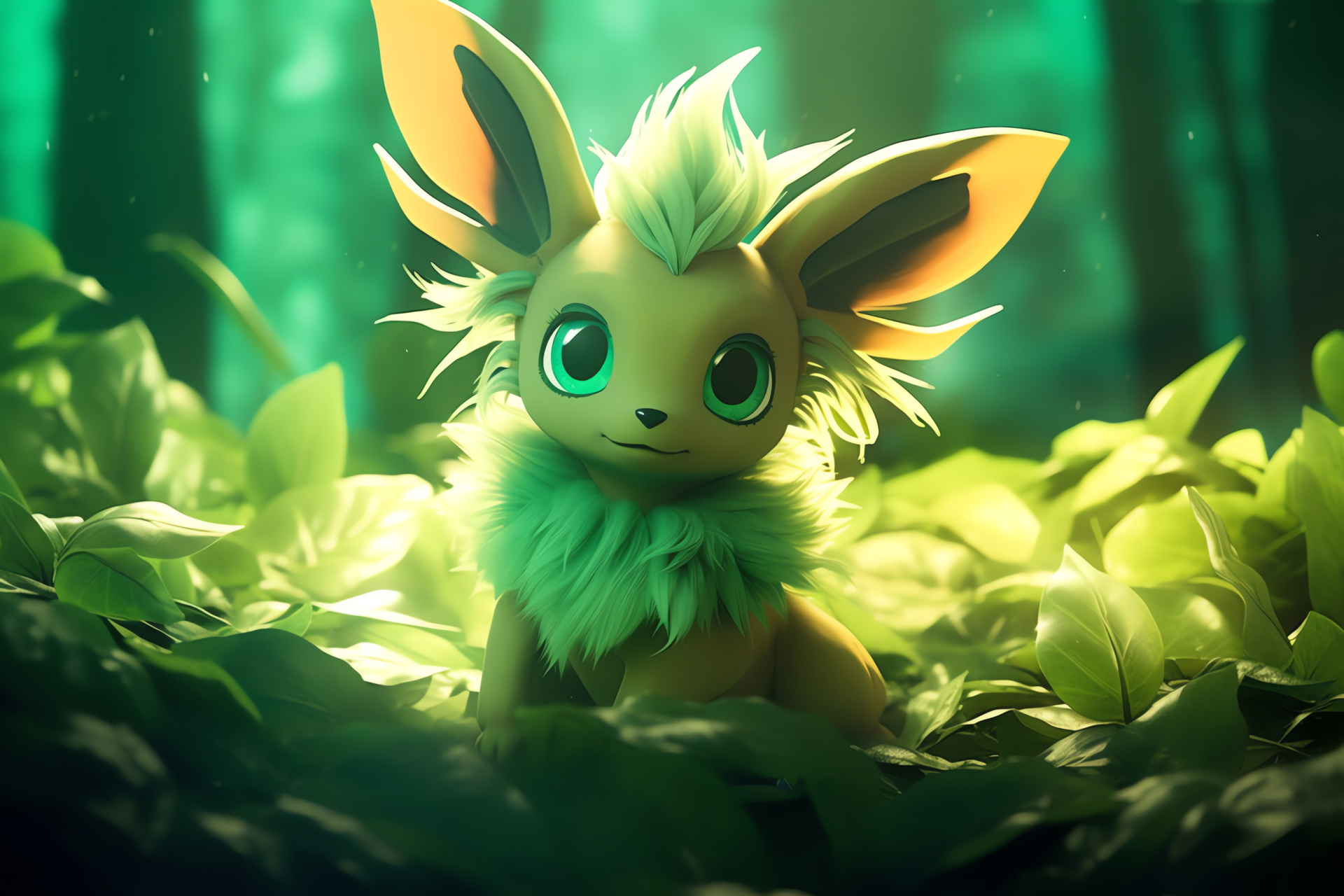 Leafeon concept, verdant typing, Eevee development, olive fur texture, tranquil facade, HD Desktop Wallpaper