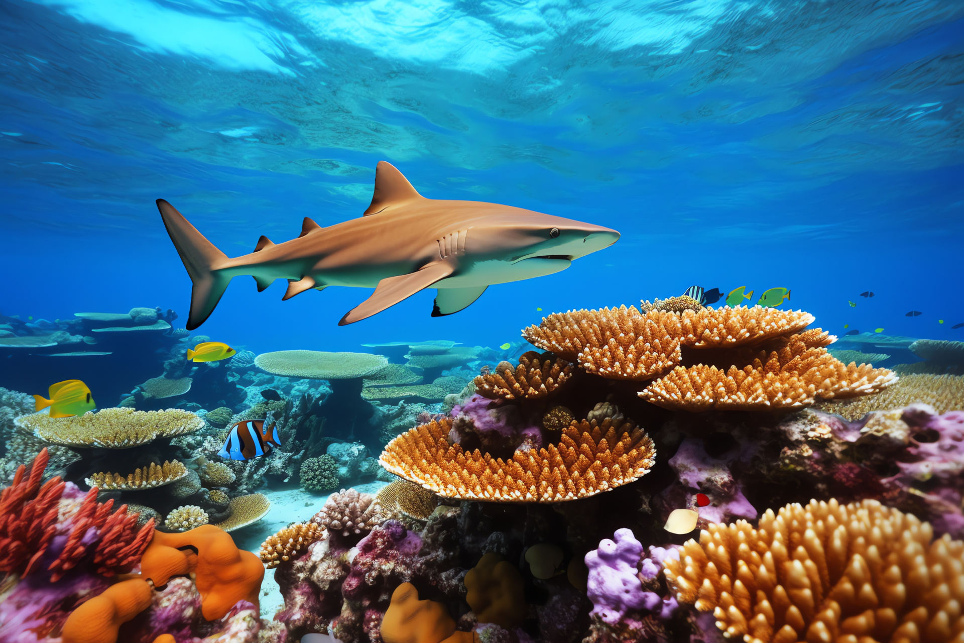 Whitetip Reef Shark, Ocean patroller, Reef ecosystem, Marine camouflage, Underwater predator, HD Desktop Wallpaper