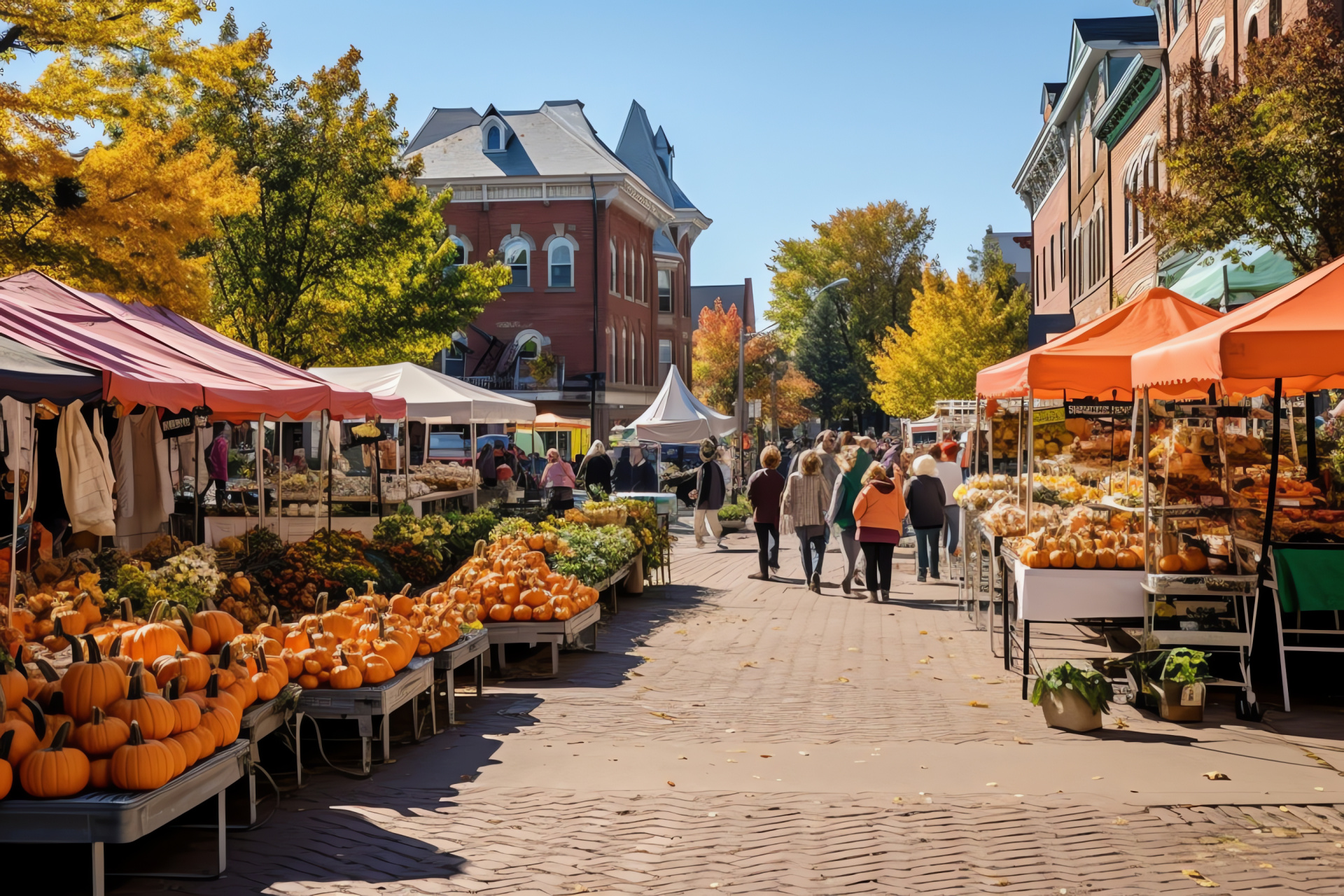 Harvest festival market, Bountiful autumn produce, Town square festivity, Community seasonal decor, Picturesque fall settings, HD Desktop Image