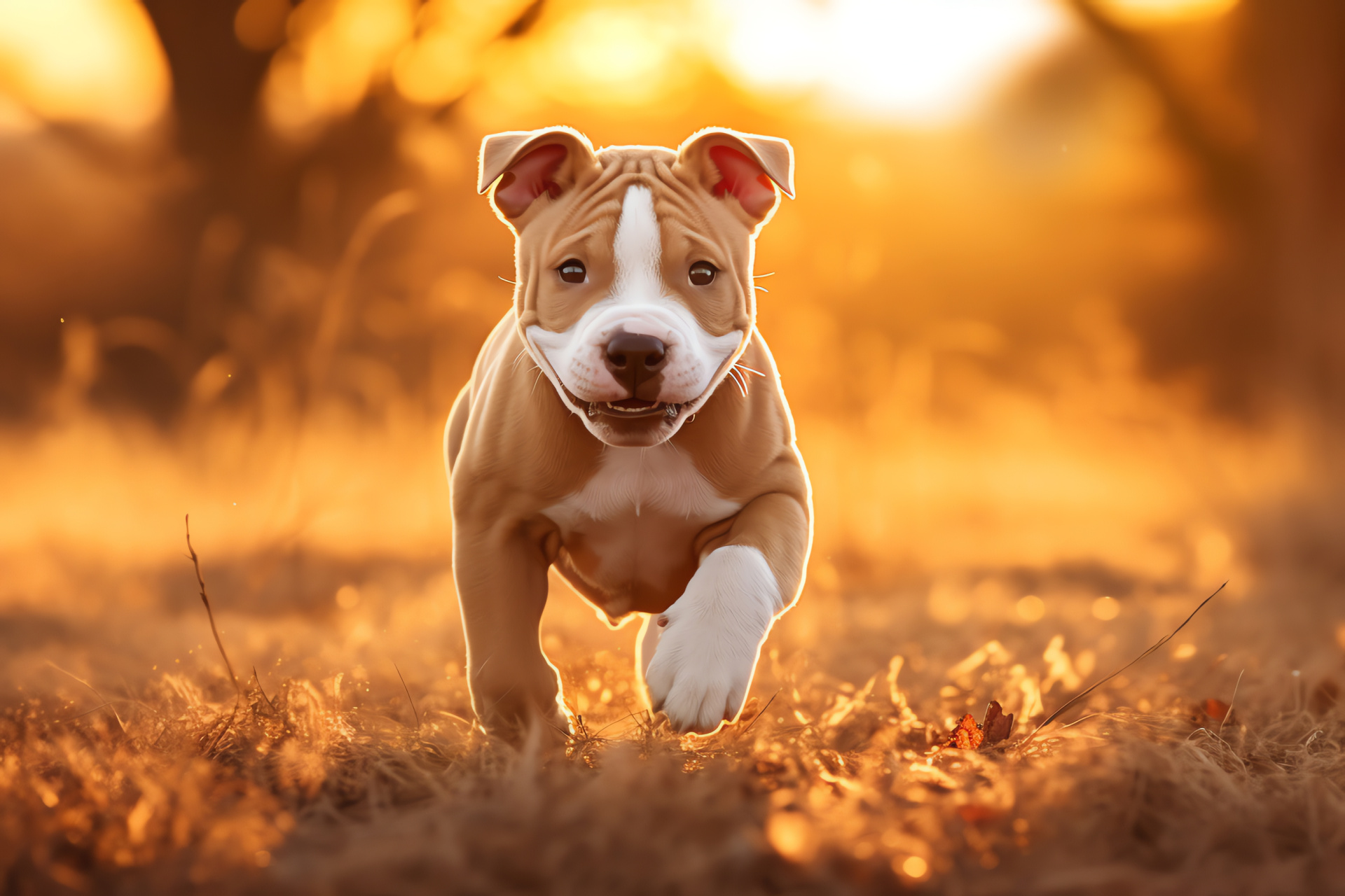 Pitbull, champagne fur, golden eyes, playful stance, grassy outdoors, HD Desktop Image