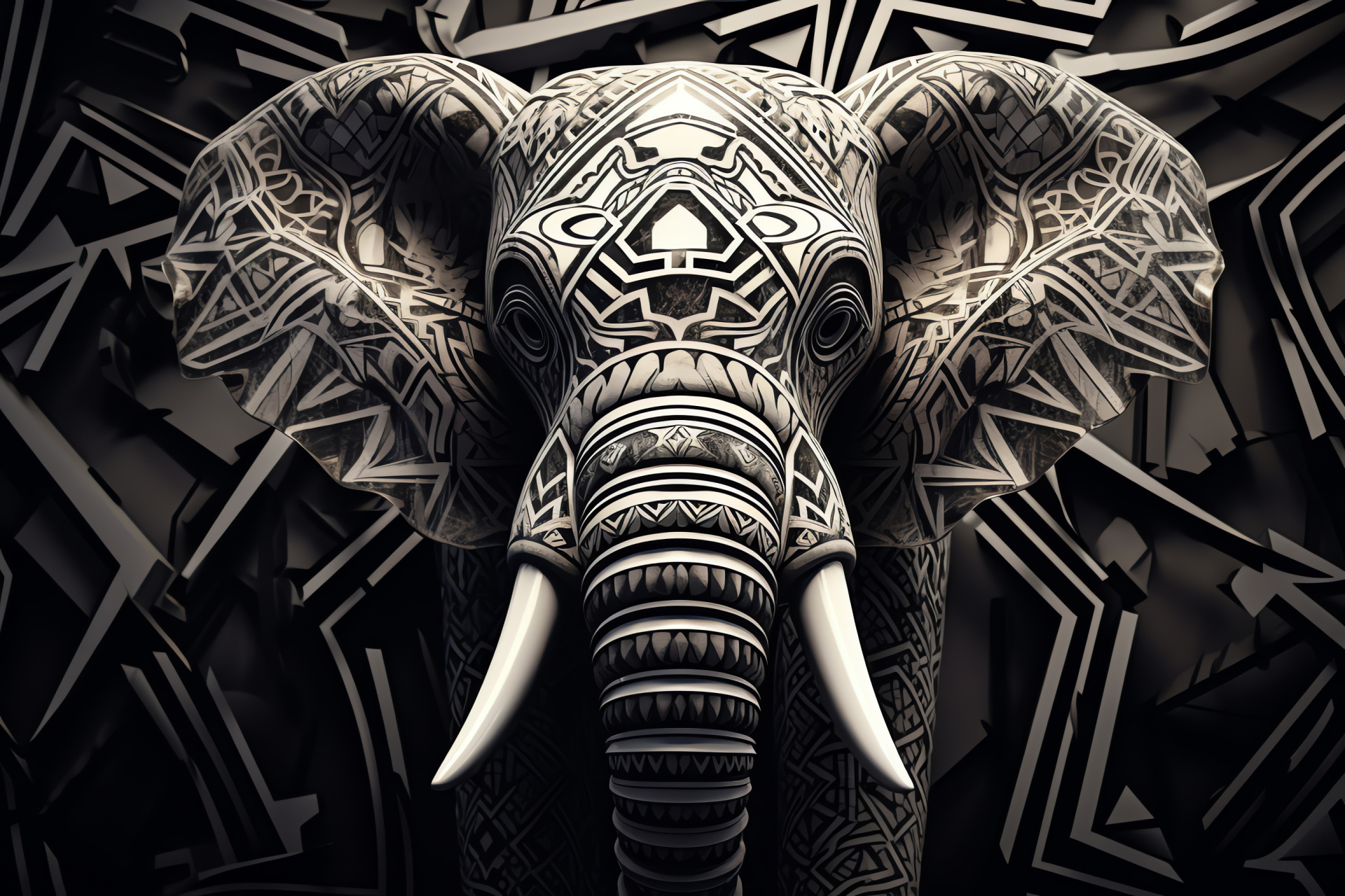 Stylized Elephant, elevated angle, intricate motifs, majestic proboscis, wildlife, HD Desktop Image