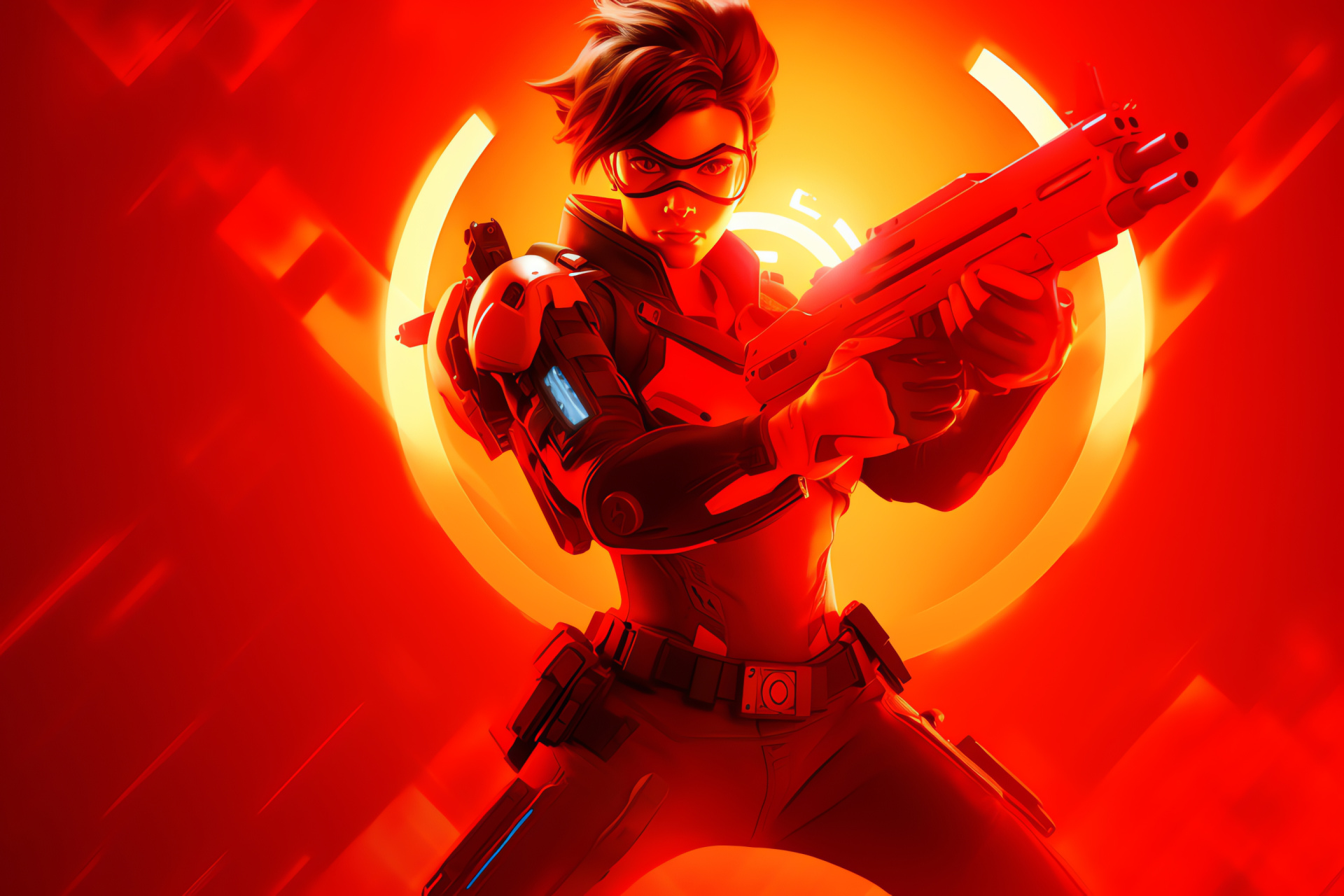 Overwatch quest seeker, Crimson gaming uniform, Resolute protagonist Tracer, Stylized gaming universe, Overwatch valor, HD Desktop Wallpaper