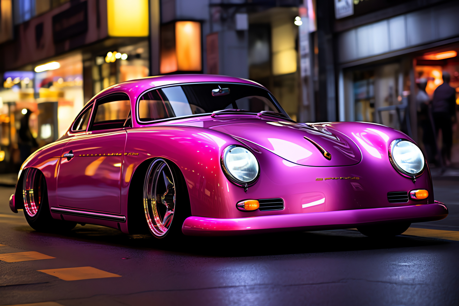 Porsche 356 Tokyo night drive, Neon pink statement, Coupe urban sophistication, Japanese city vibrancy, Elevated automotive fashion, HD Desktop Image