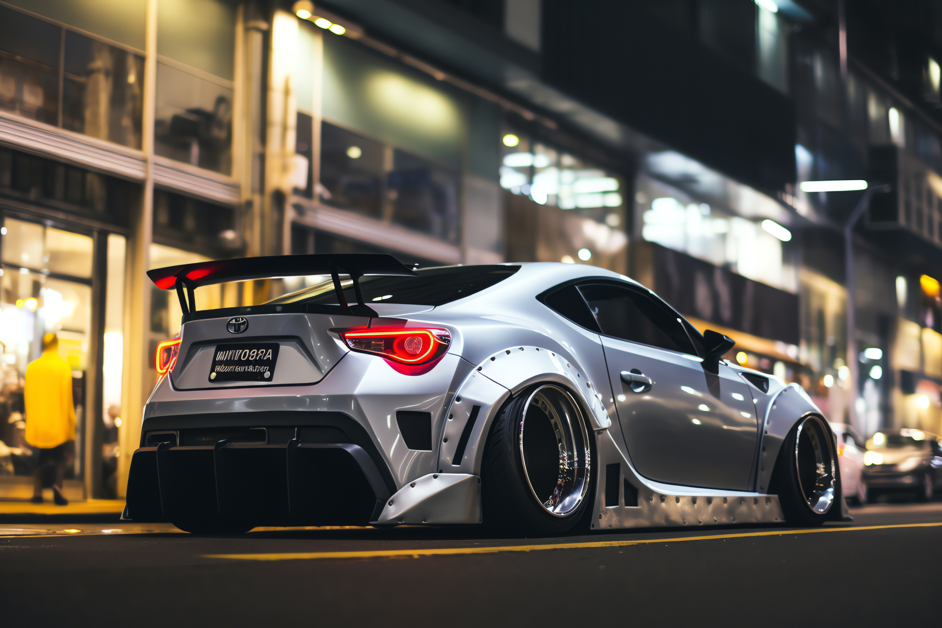 Tokyo's Scion FRS, Rocket Bunny signature, Silver sheen, Advanced lighting, Urban towers, HD Desktop Image