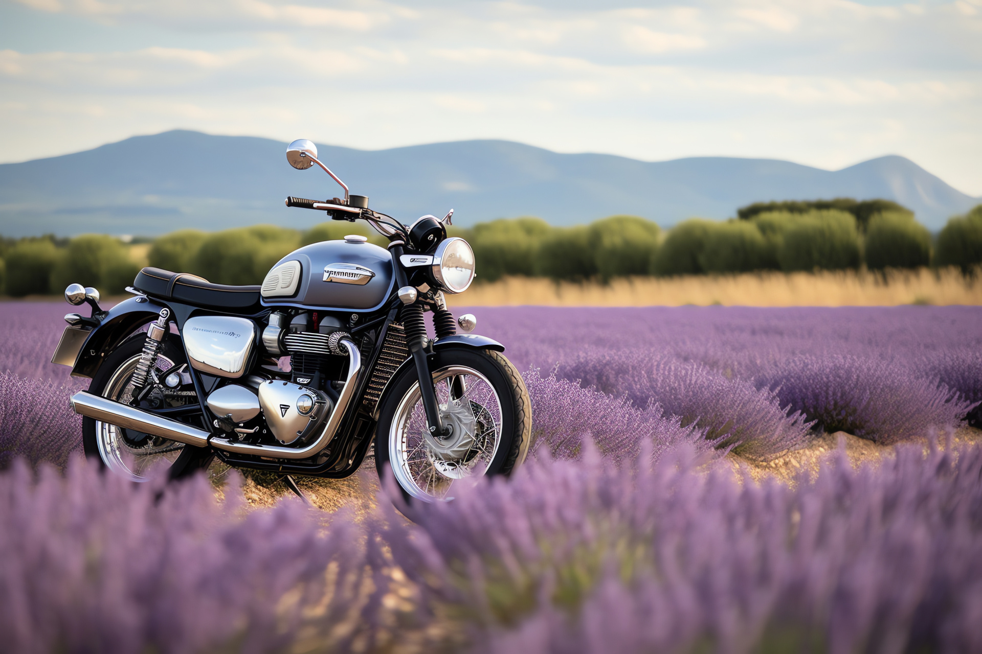 Triumph T120, Ace special edition, French countryside, Lavender field surroundings, Classic motorbike elegance, HD Desktop Wallpaper