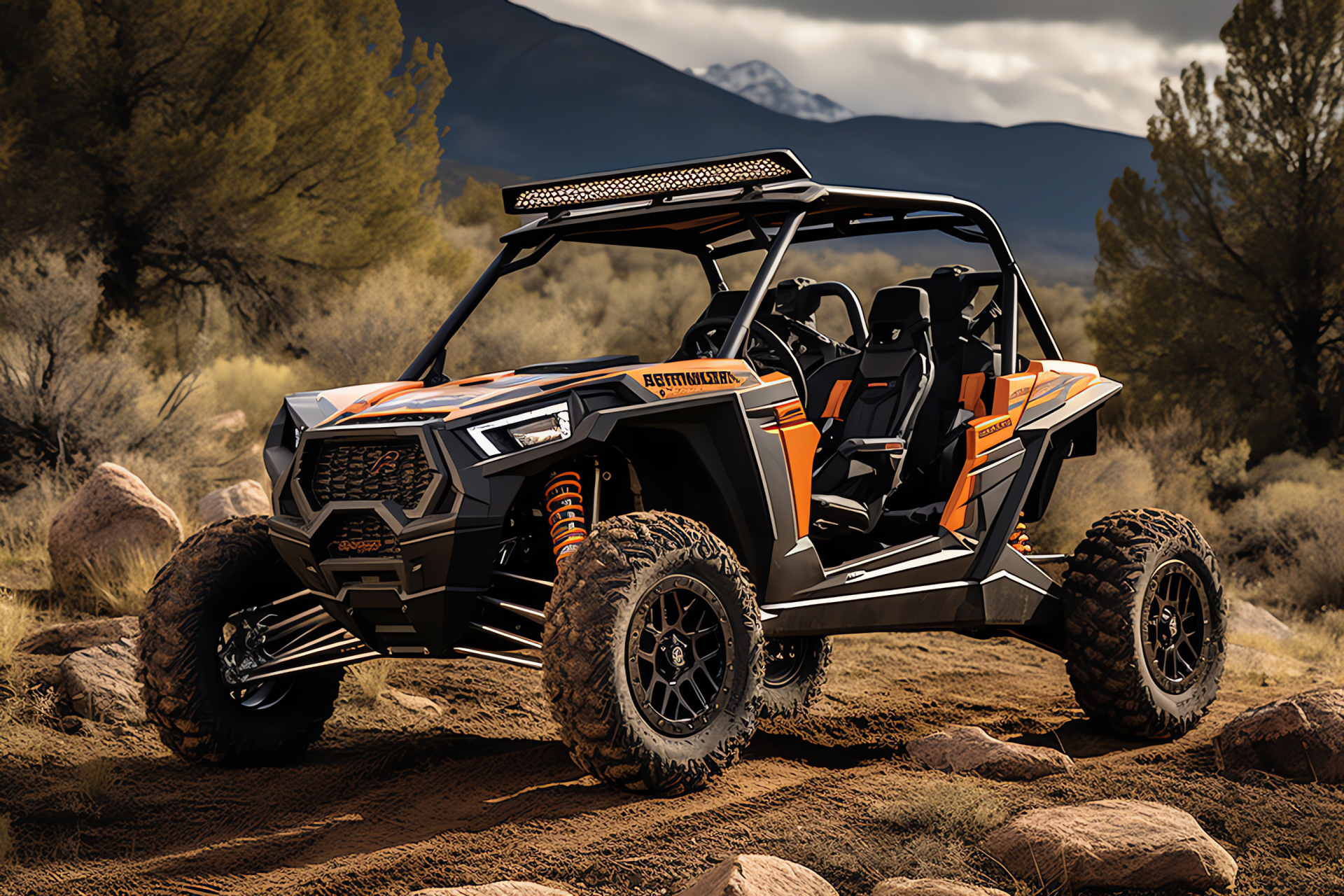 Polaris RZR XP Turbo, Side stance, Off-roading buggy, Orange and black design, All-terrain capability, HD Desktop Image