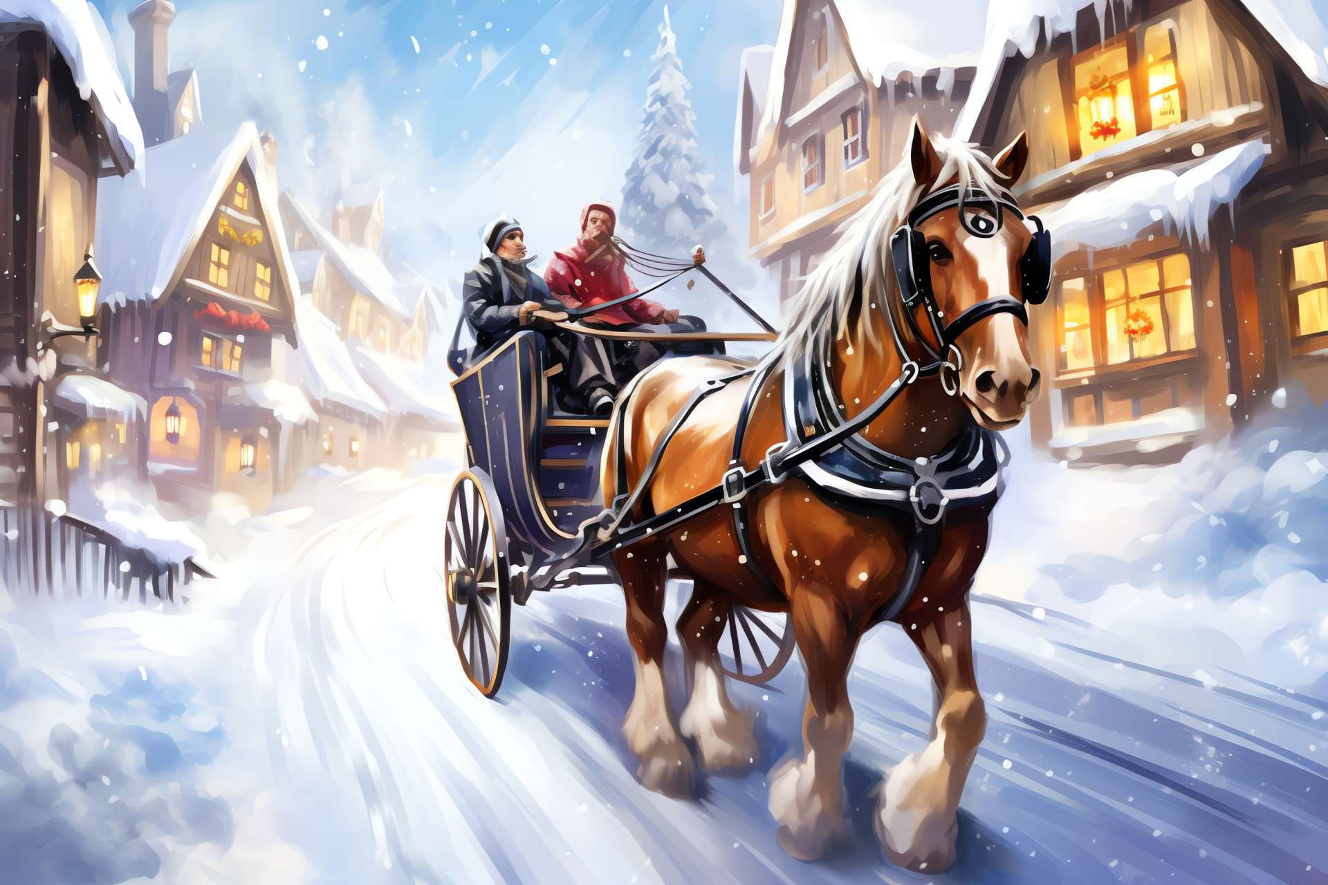 Sleigh equine, seasonal transport, village scenery, horse vision, alabaster landscape, HD Desktop Wallpaper