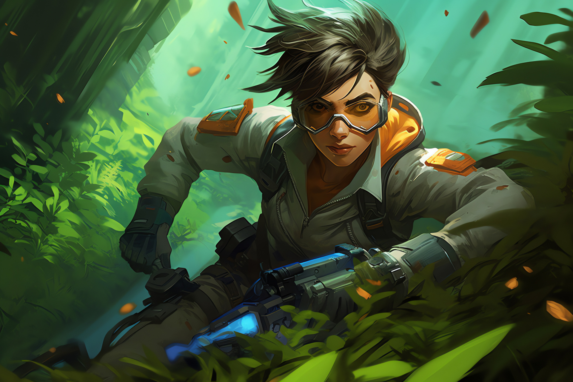 Tracer game jungle action, Overwatch liveliness, Quick-witted gamer's choice, Dense foliage adventure, HD Desktop Wallpaper