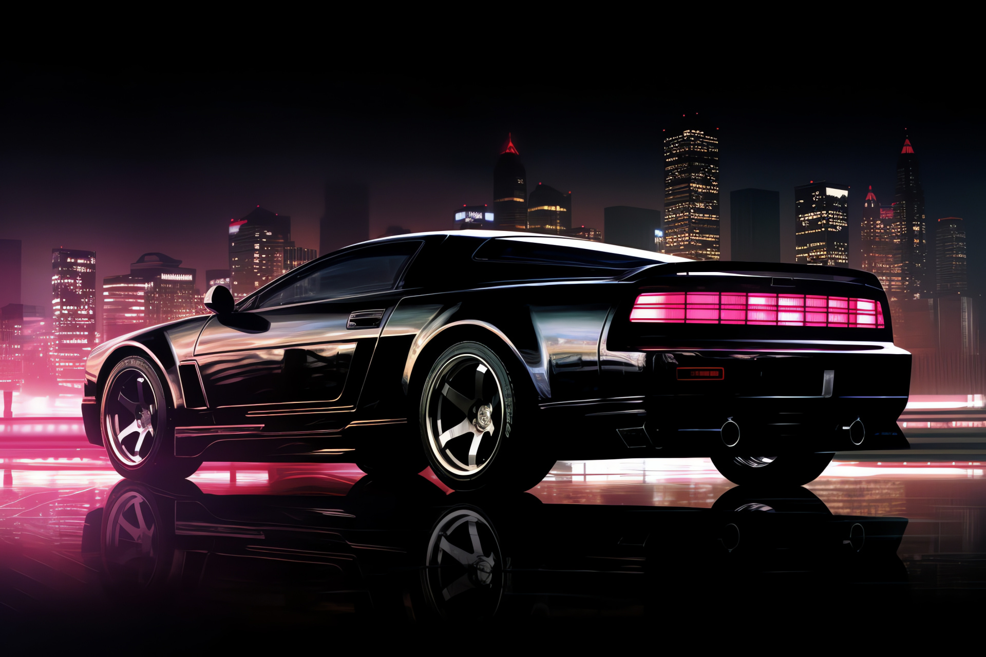 Futuristic Nissan 300ZX 2+2 Turbo, Cityscape neon lights, Holographic billboard setting, Sleek black body, Advanced turbocharged model, HD Desktop Image