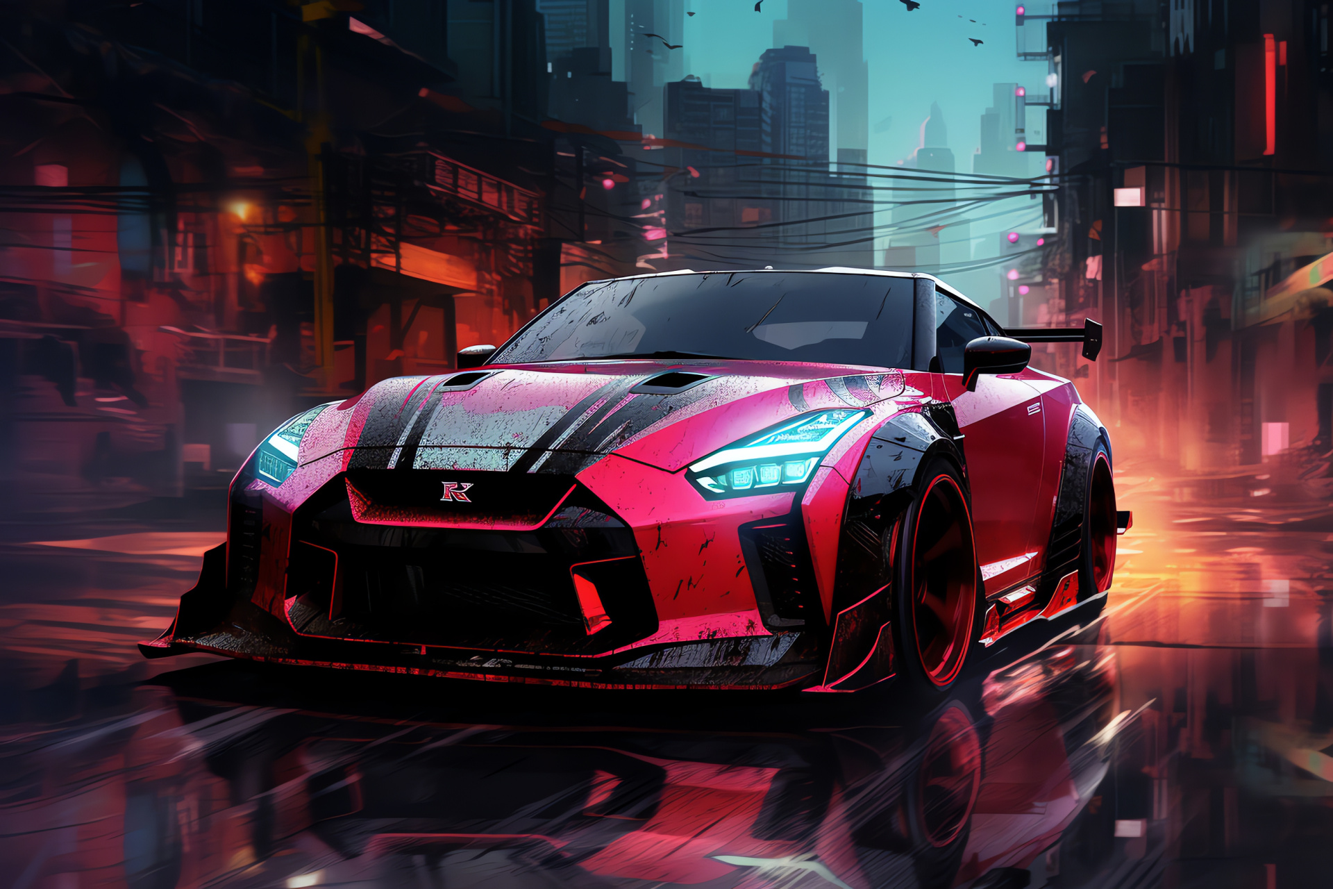 GT-R Nismo in neon, Advanced aerodynamics, Cityscape speed pursuit, High-performance Godzilla, Sporty red detailing, HD Desktop Wallpaper