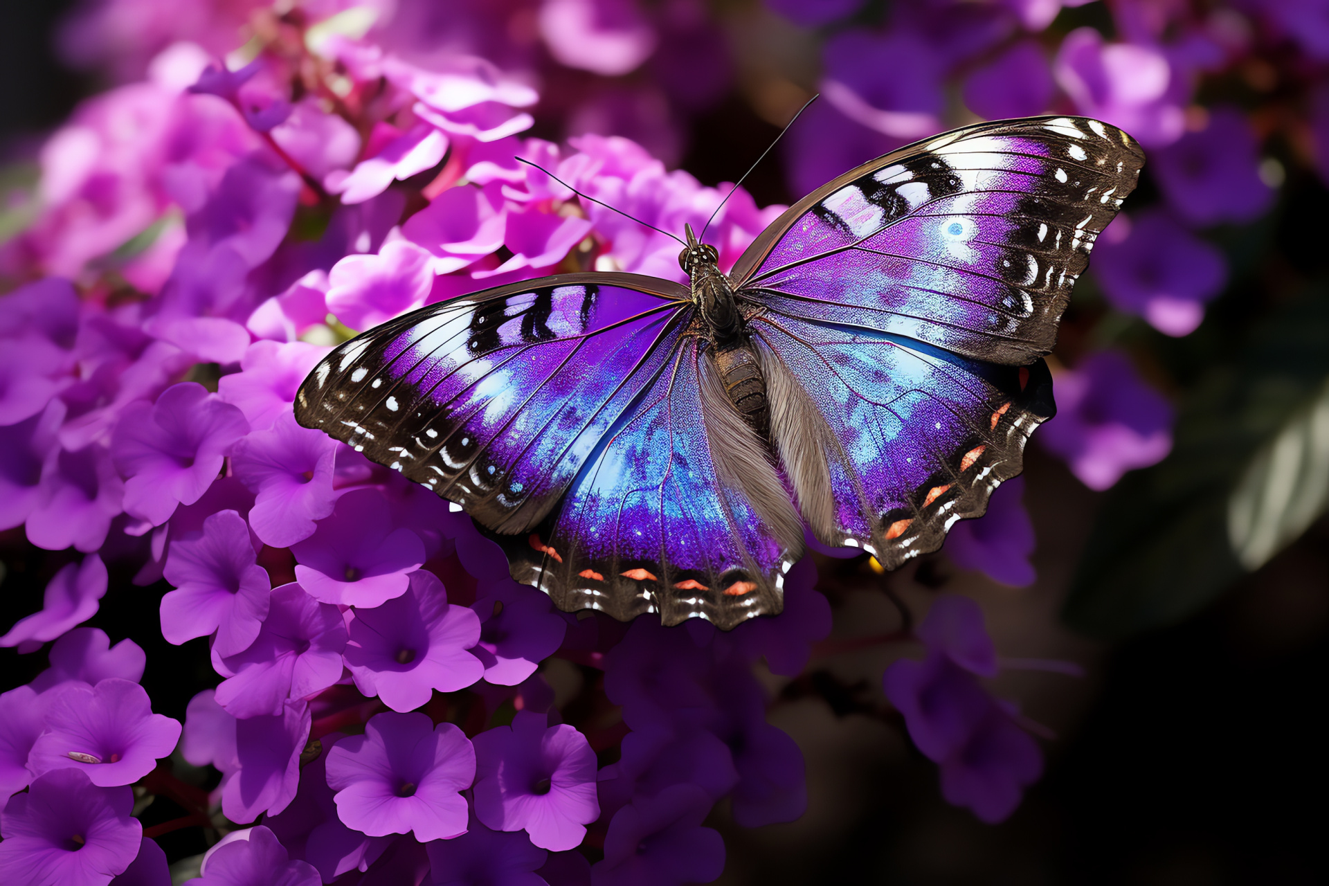 Purple Morpho specimen, regal hue, shiny lamellas, violet blossoms, quiet plantation, HD Desktop Wallpaper