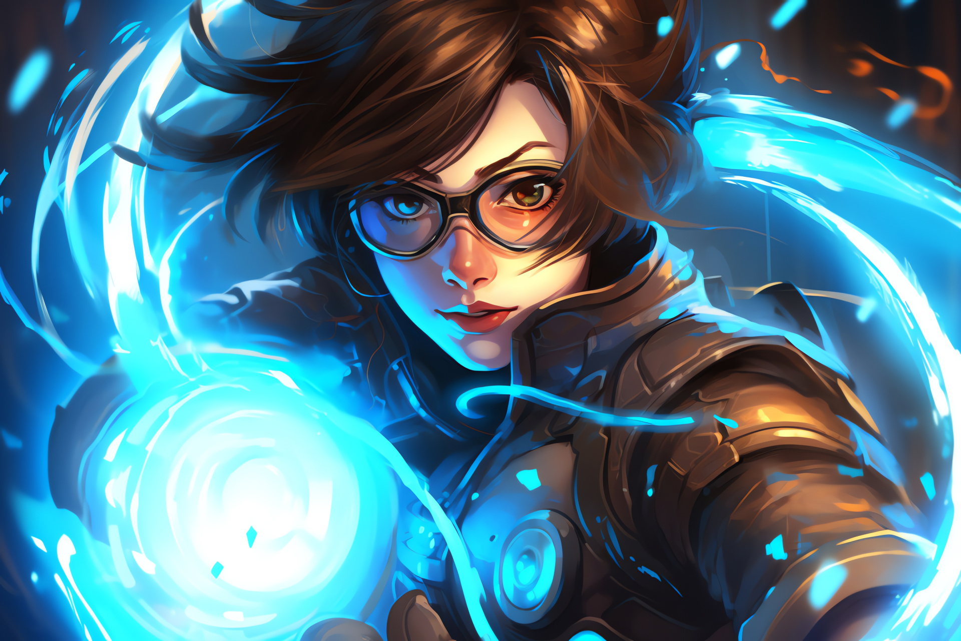 Mei in Overwatch, chilly warfare, glowing shapes, thermal weapon, emotional expression, HD Desktop Image