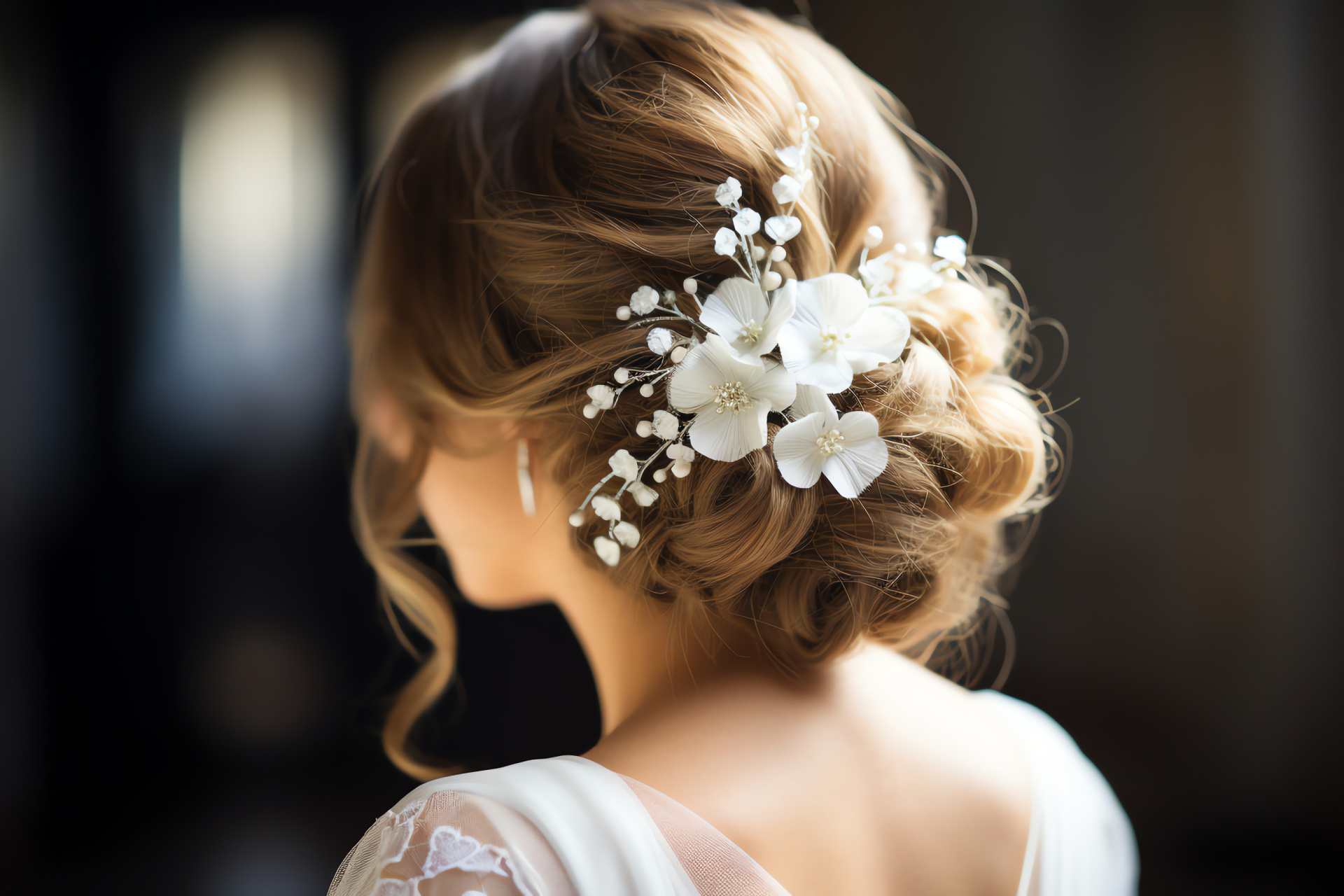 Bridal coiffure, Romantic updo, Botanical adornments, Hairpiece enhancement, Elegant look, HD Desktop Image