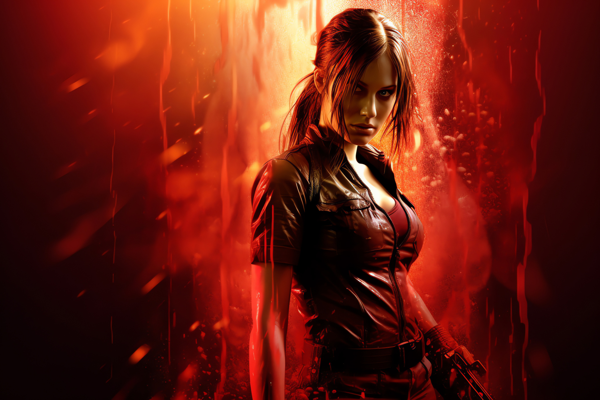 Amber eyes Claire Redfield, Combat-ready stance, Zombie apocalypse, Knife held, Video game heroine, HD Desktop Wallpaper