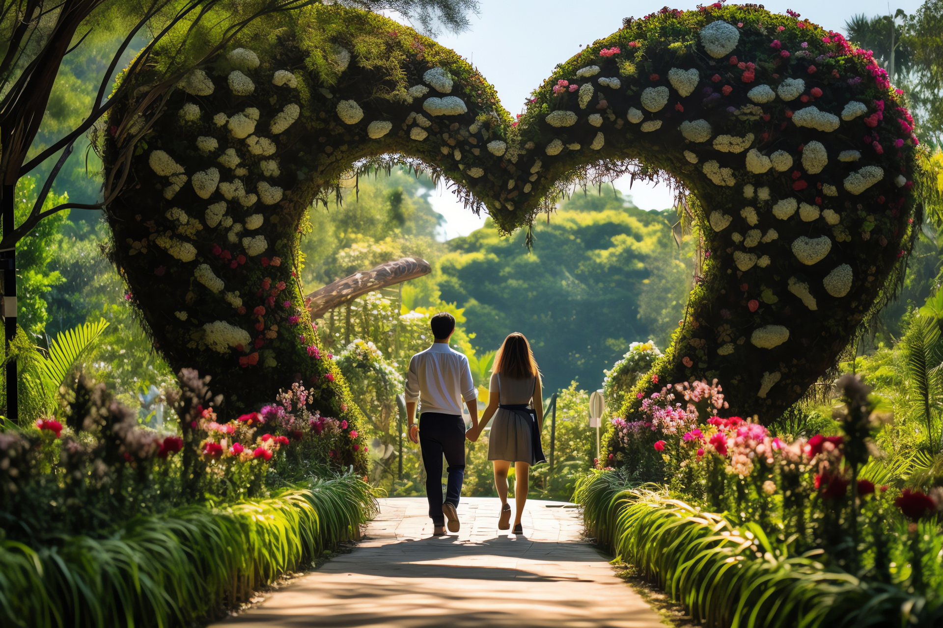 Romantic botanical rendezvous, flowering Valentine's sanctuary, twisty garden trails, February horticulture romance, amorous natural environment, HD Desktop Wallpaper