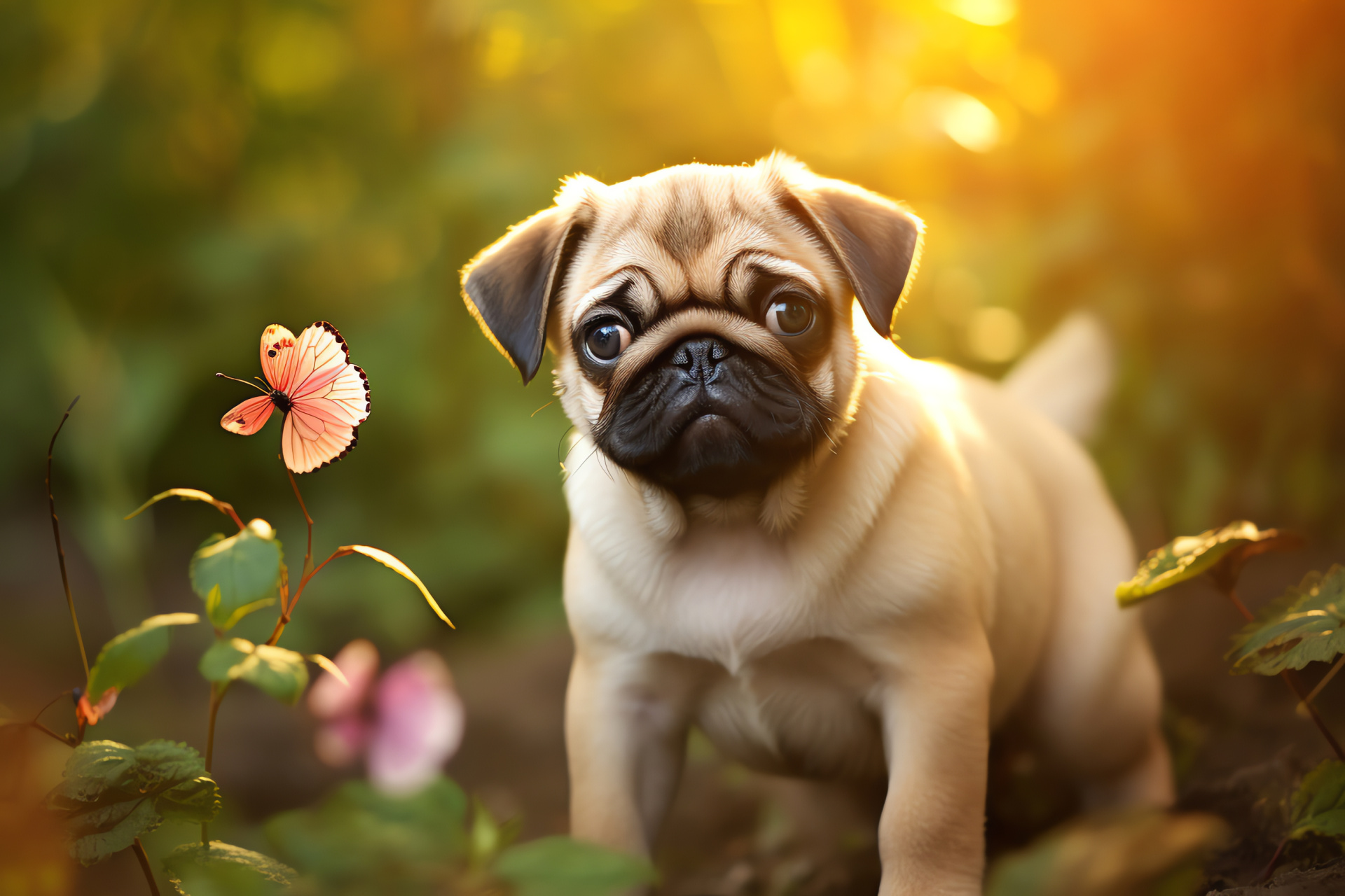 Curious Pug puppy, investigating eyes, wrinkled cream coat, playful demeanor, eager curiosity, HD Desktop Image