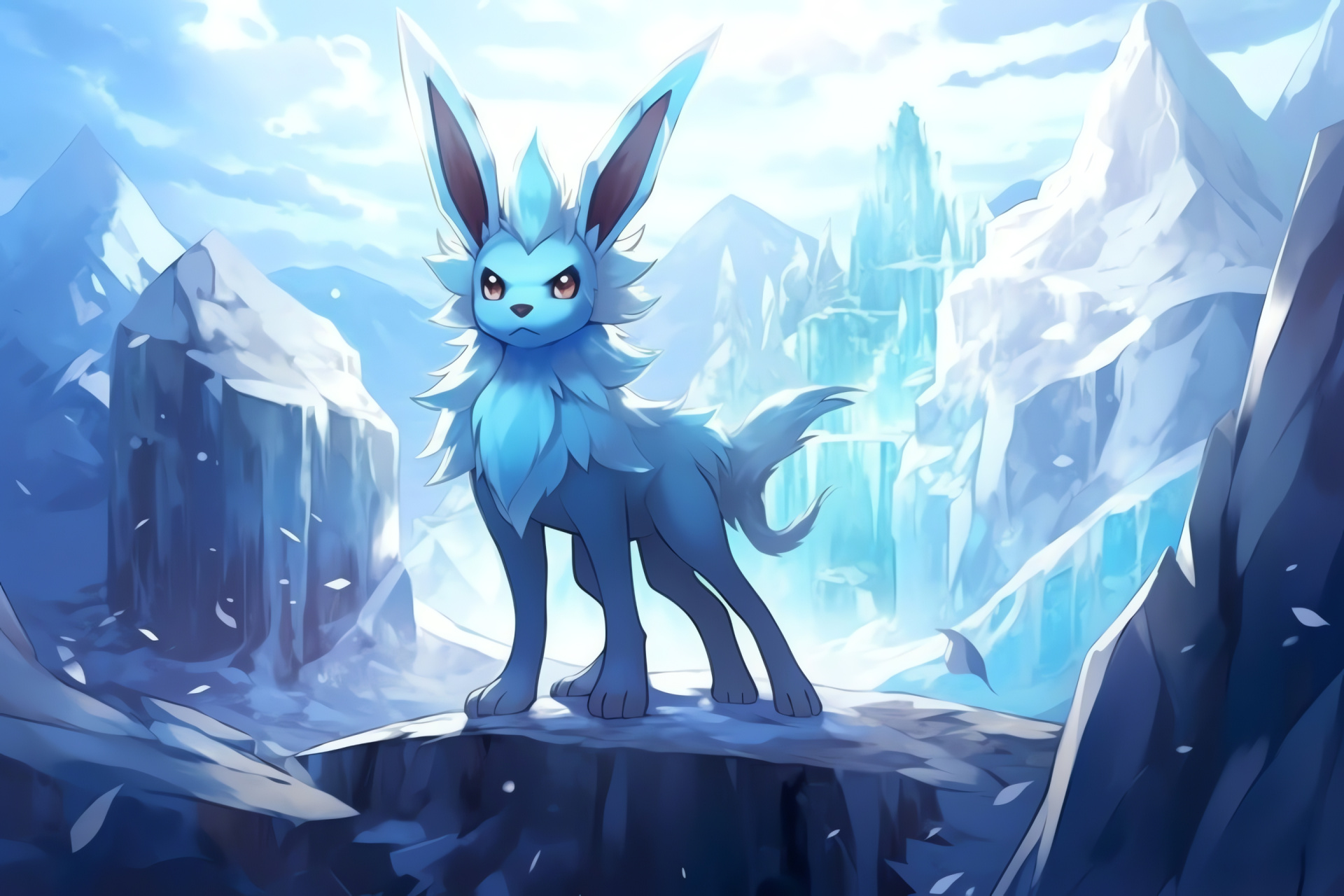 Pokemon Glaceon, Chilly evolution, Frosted alpine, Snowy scene, Cerulean fur, HD Desktop Image