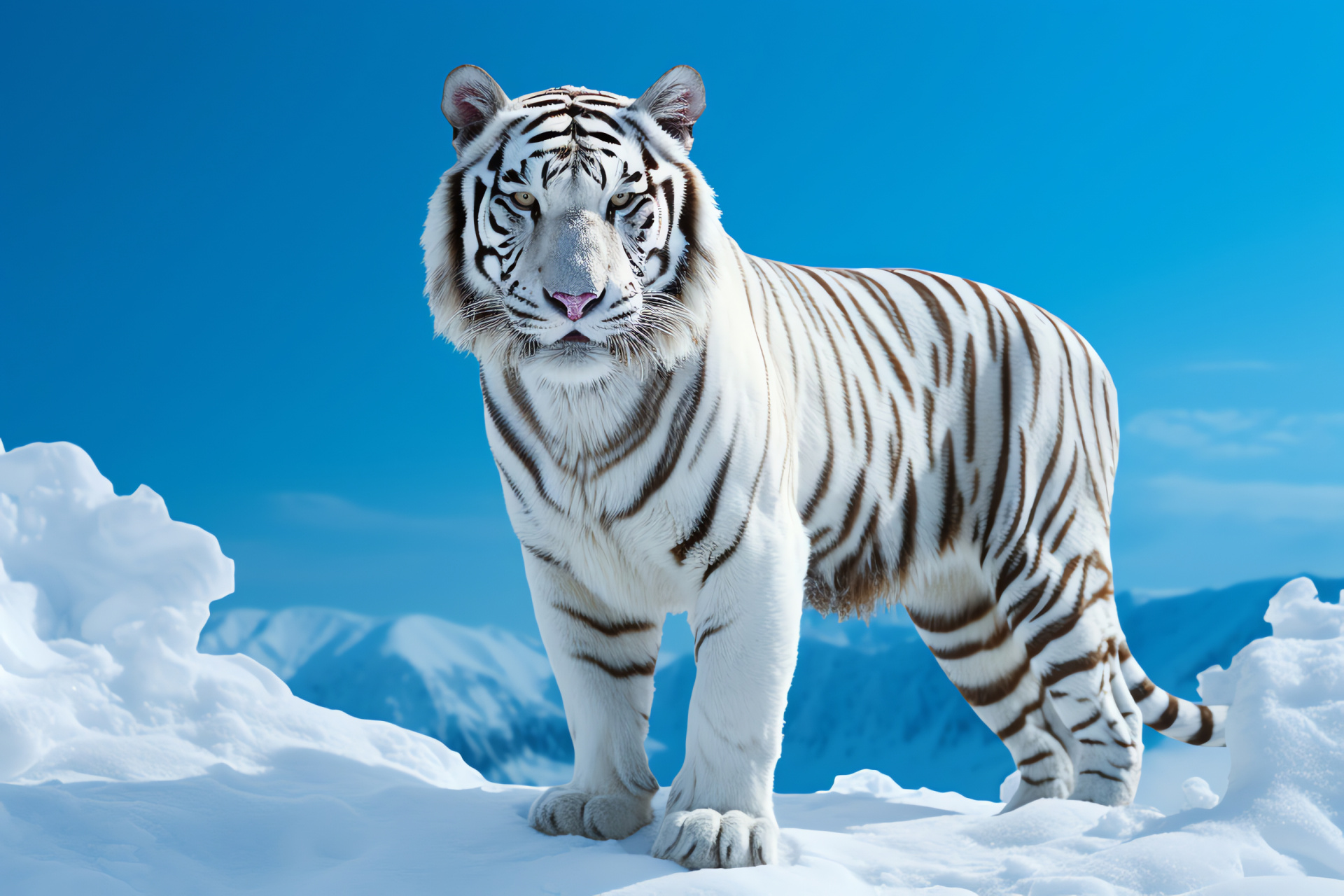 White Bengal Tiger, Predatory feline, Dual-tone, Blue clarity, Animal majesty, HD Desktop Image