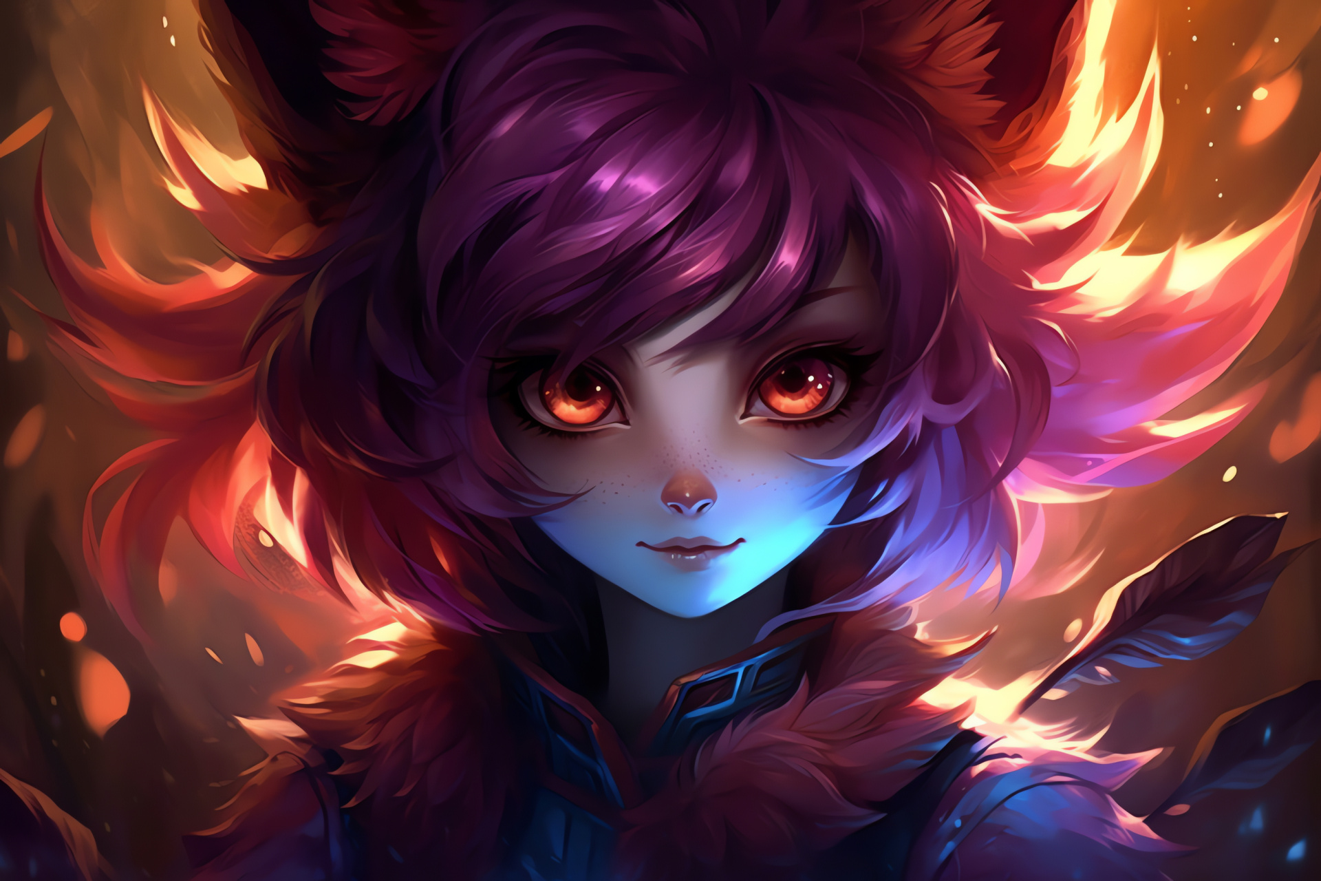 Ahri mystical appearance, League of Legends fox spirit, Lavender ocular trait, Magical orb presence, Triple-tone fascination, HD Desktop Wallpaper