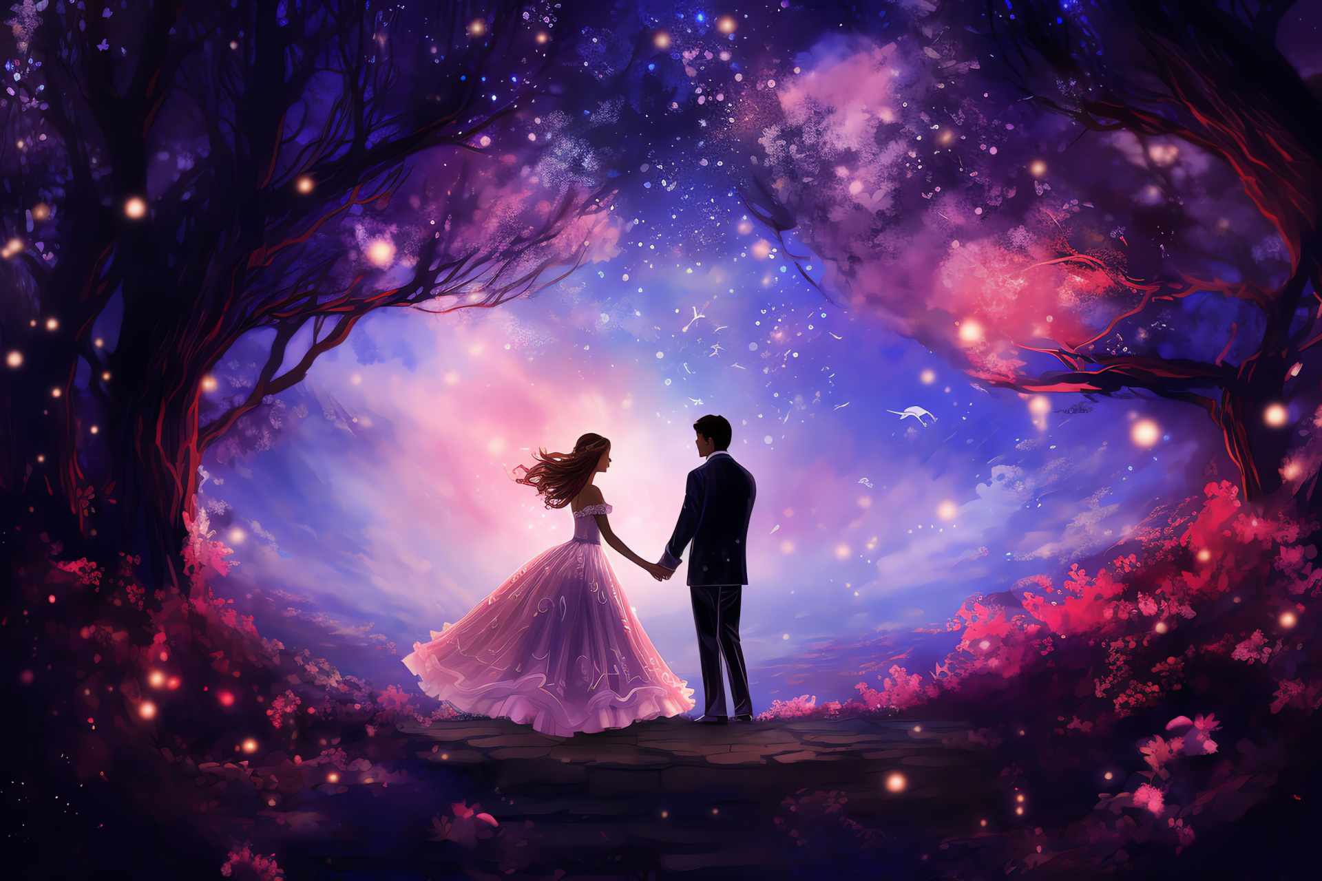 Valentine's celestial couple, Nighttime sky admiration, Lush moonlit setting, Fragrant blossoms ambience, Idyllic romance, HD Desktop Image