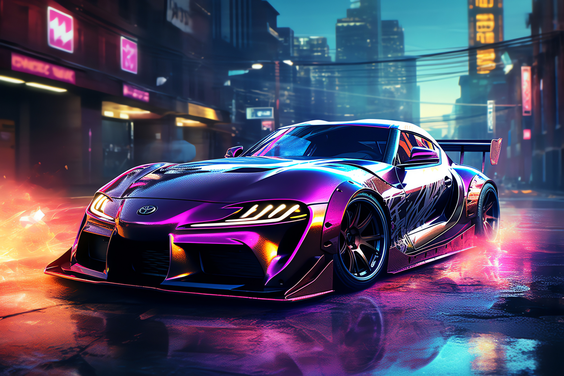 Toyota Supra stance, Automotive modernization, Nighttime city vibe, Illuminated neon aesthetic, Customized ride, HD Desktop Image