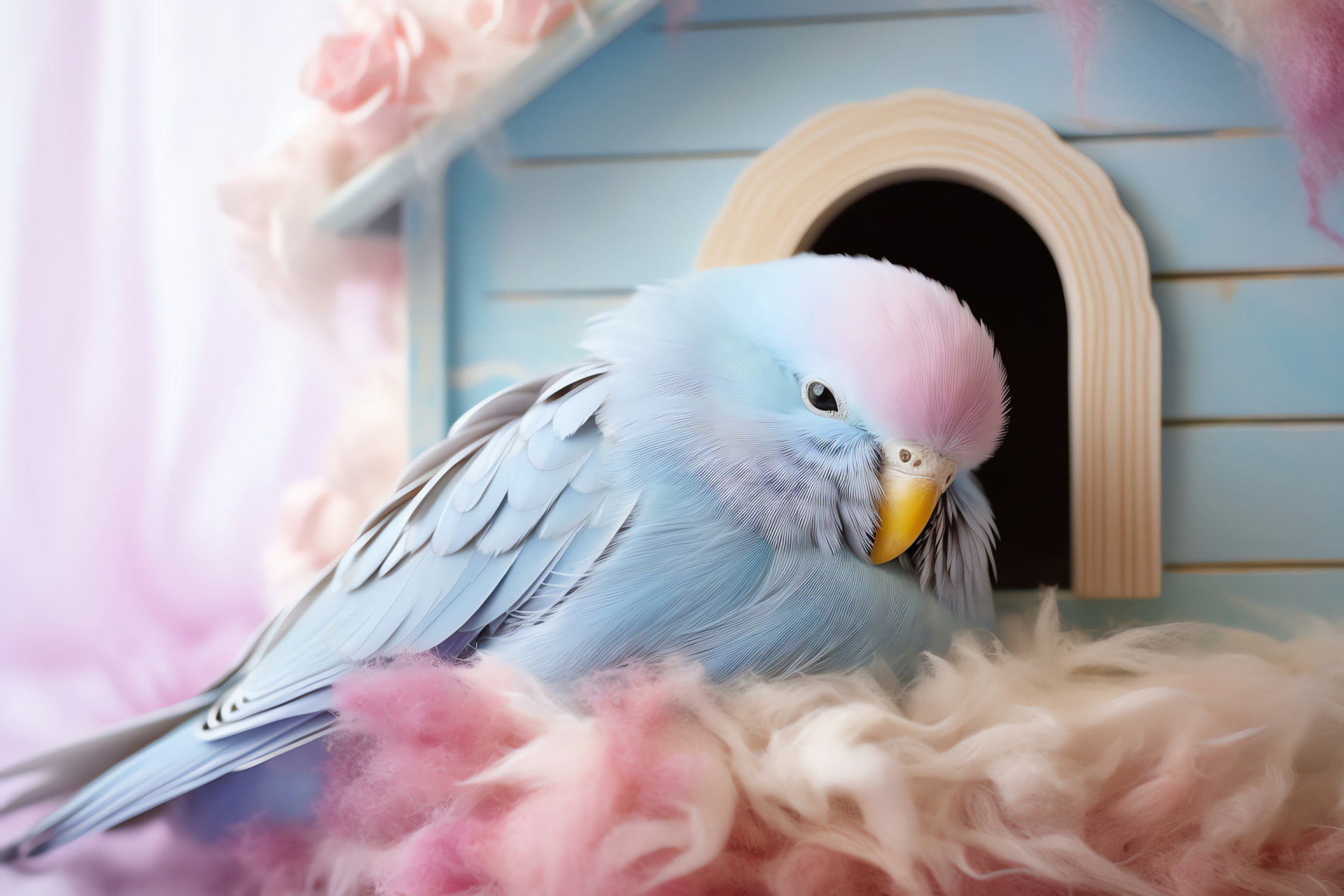 Parakeet, Delicate pink bird, Lilac beak detail, Pastel habitat niche, Avian housing, HD Desktop Wallpaper