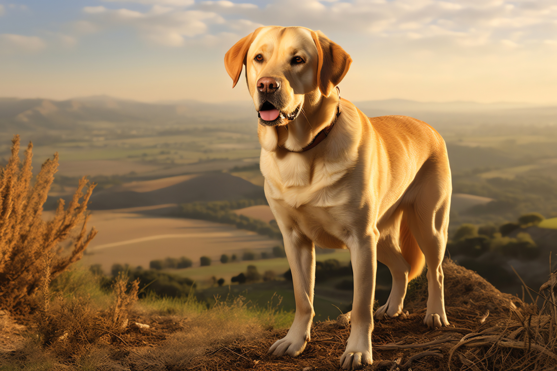 Majestic Yellow Lab, Overlooking canine, Hillside pet, Valley scenery, Thick fur, HD Desktop Image