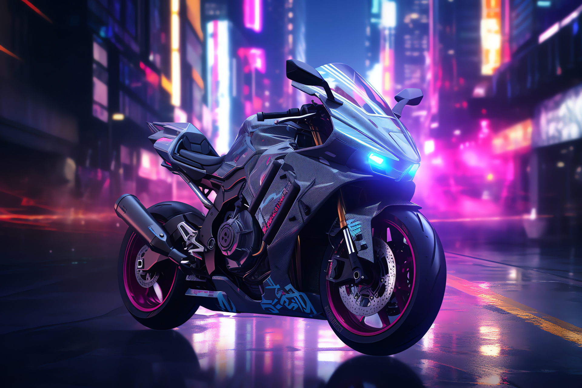 Yamaha R1 SP, modern design, high-tech features, cyberpunk urban skyline, neon illumination, HD Desktop Image