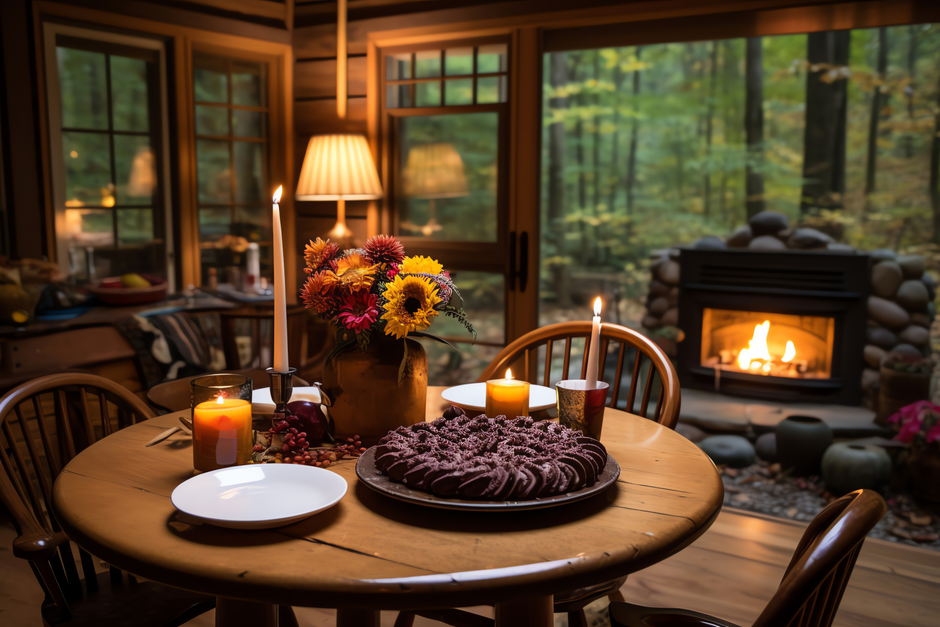 Birthday celebration, Mountain retreat, Forest cabin, Alpine trees, Warm hearth, HD Desktop Image