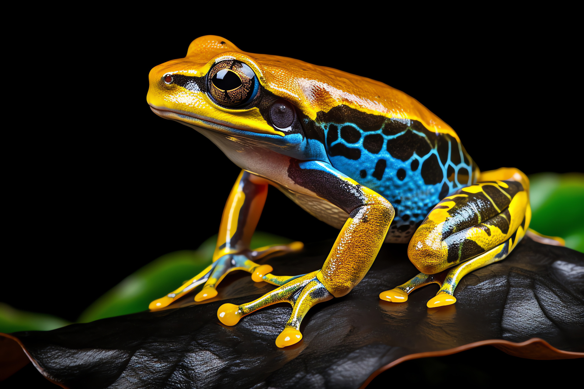 Diverse Tree Frog, Blue-yellow skin contrast, Natural leaf platform, Dark background, Wildlife coloration, HD Desktop Image