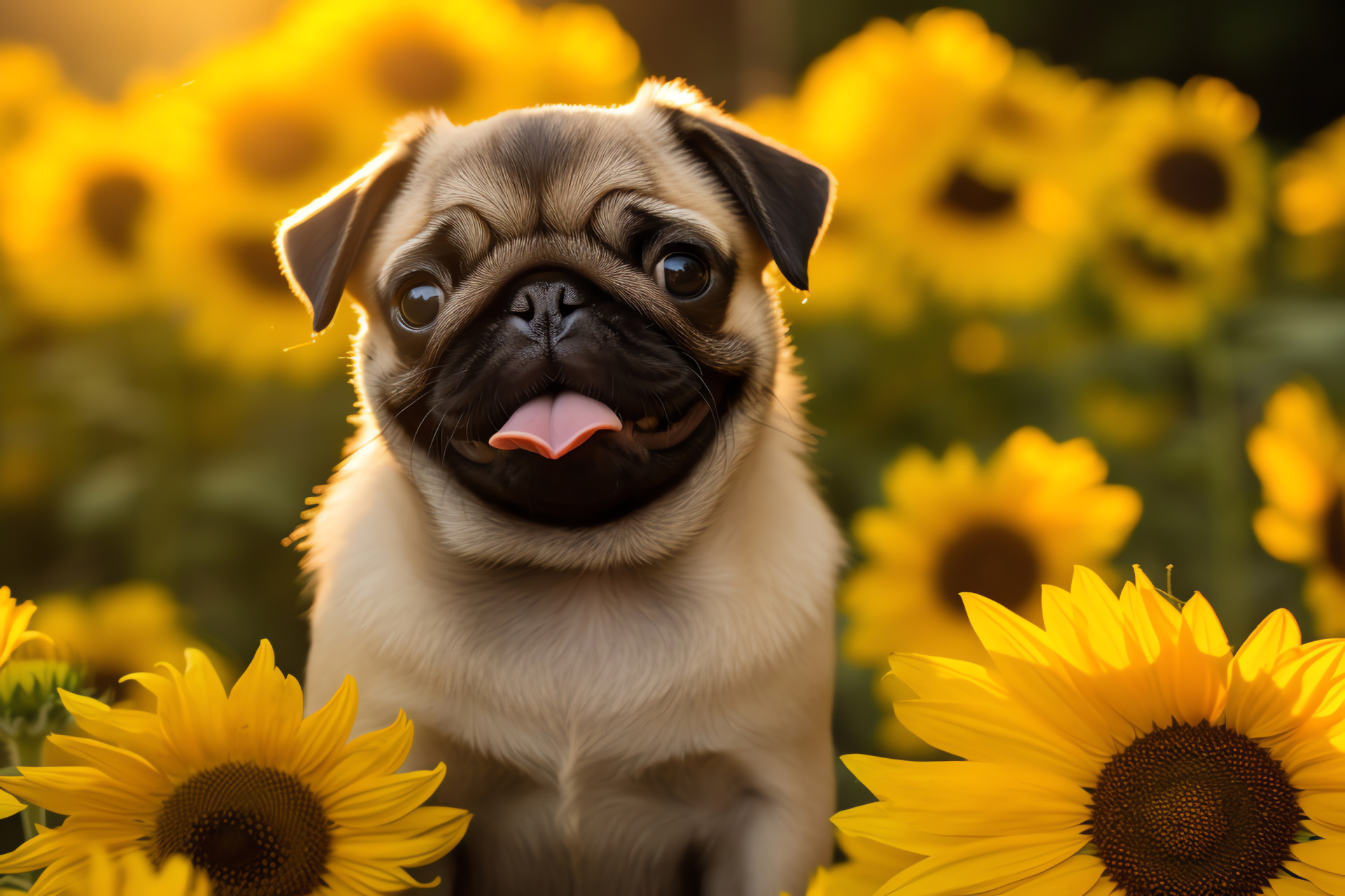 Young Pug vitality, Pug's lengthy fur feature, Golden fur highlights, Canine tail motion, Pug's alert gaze, HD Desktop Wallpaper