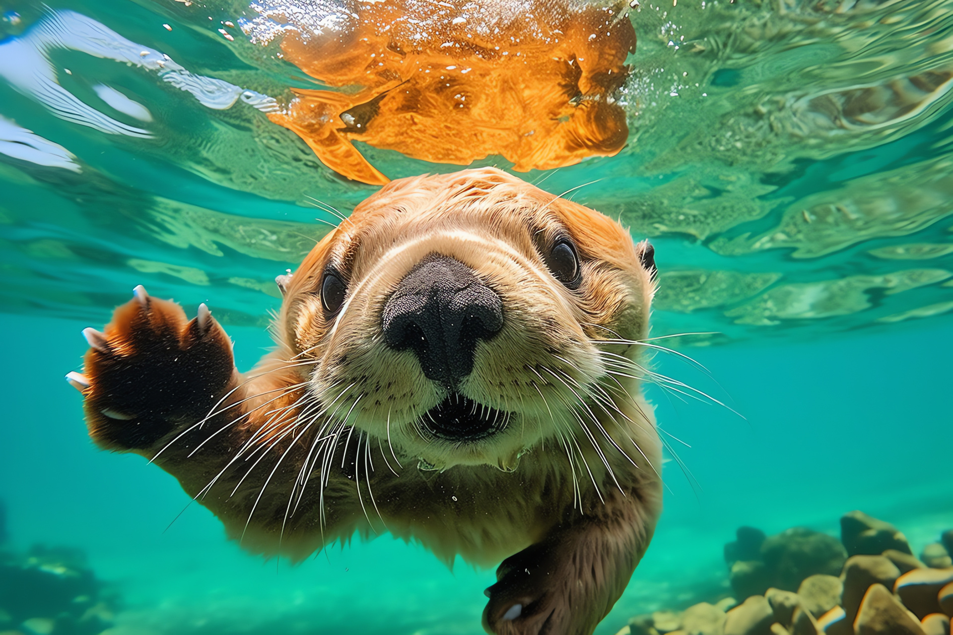 Tropical otter, Underwater activity, Otter swimming, Oceanic life, Sea creature, HD Desktop Image