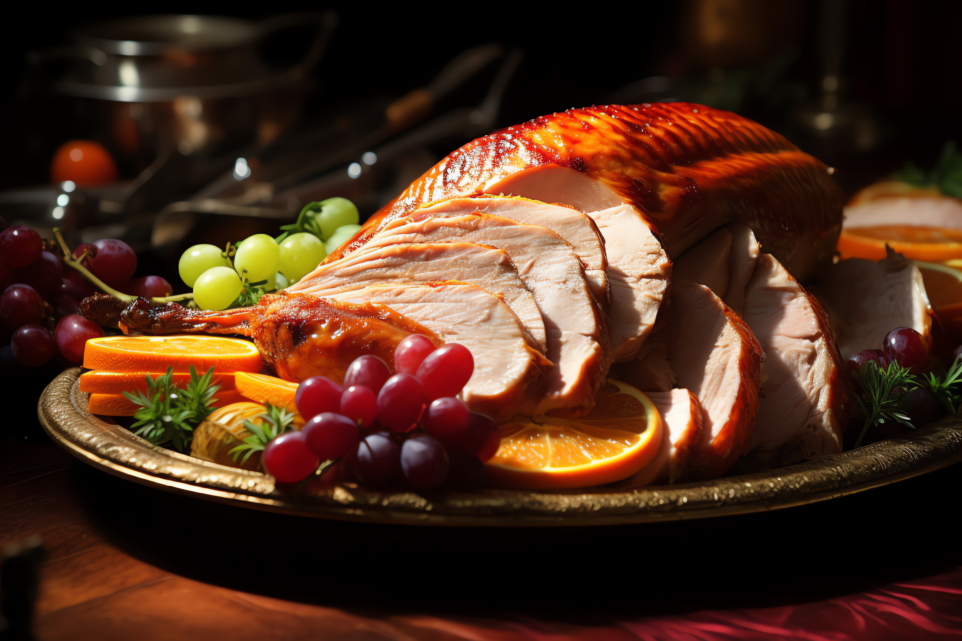 Skillfully sliced turkey presentation, Carved poultry finesse, Prepared gobbler serving, Soft savory meat, Gourmet repast, HD Desktop Image