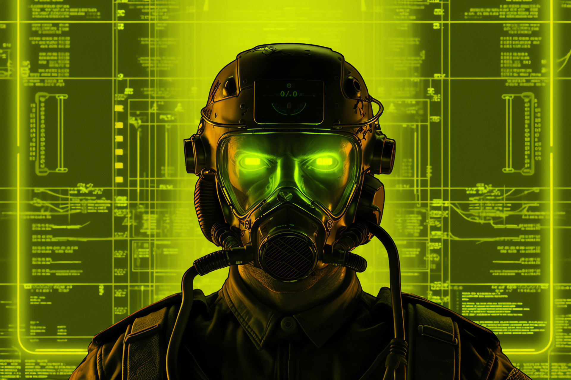 Pip Boy interactive screen, Futuristic gadget showcase, Tech expertise in gaming, Sterile duotone surrounding, Eyecatching yellow detail, HD Desktop Image