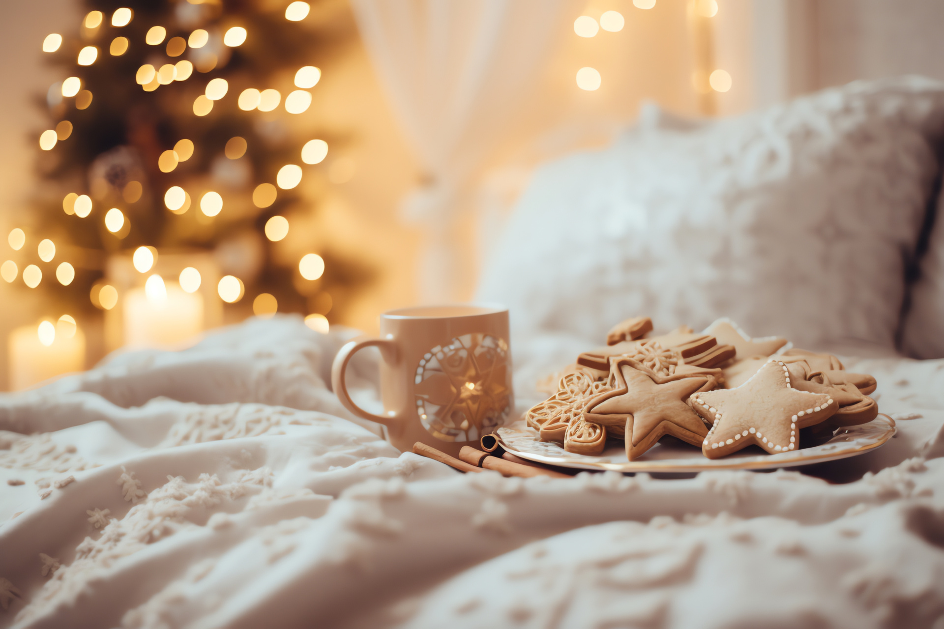 Christmas sanctum, glimmering strands, Yuletide linen, oven-fresh cookies, seasonal tunes, HD Desktop Wallpaper