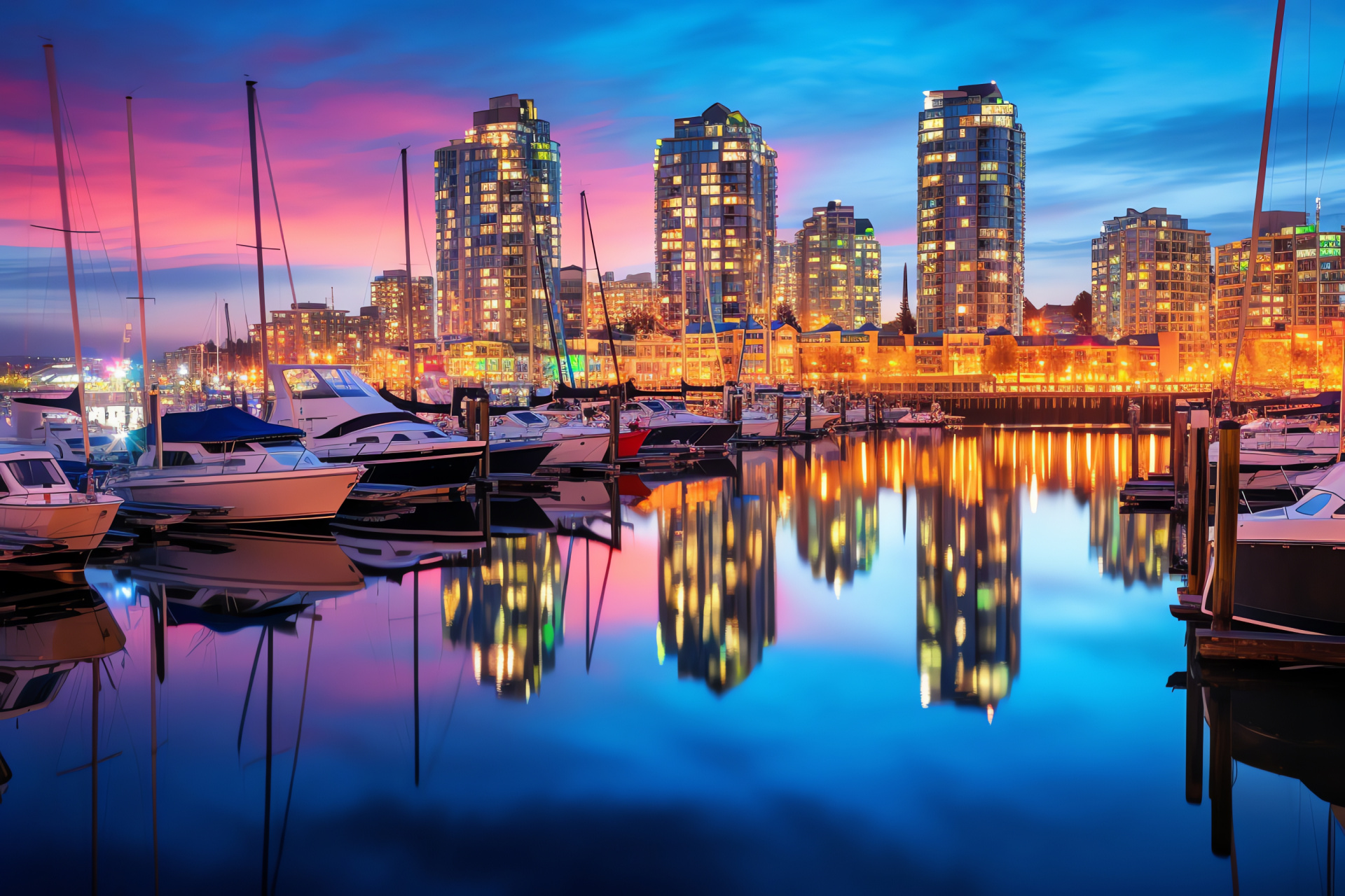 Urban waterfront, Metropolis night view, Architectural reflections, Nautical evening, Portside luminescence, HD Desktop Image