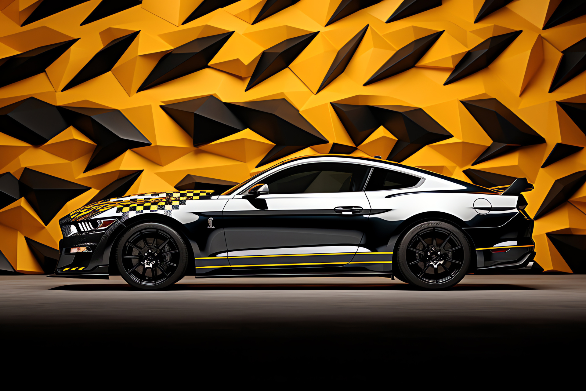 Super Snake Mustang, 2019 GT500 version, Abstract imagery, Sleek black and yellow, Premium horsepower, HD Desktop Wallpaper