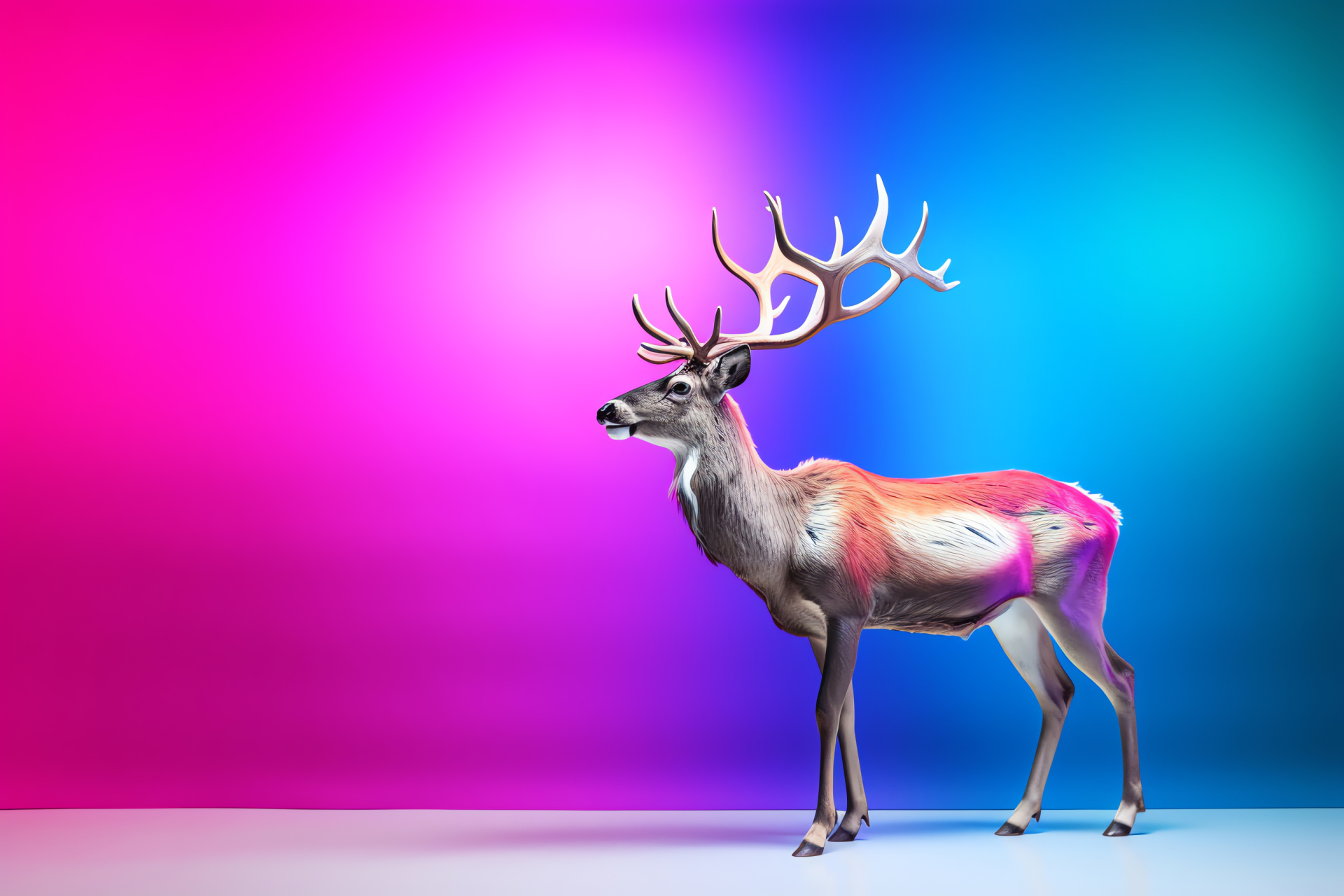 Reindeer profile, artistic triple-toned vista, shades of pink, deep sea green iris, ivory and chestnut pelt, poised stature, HD Desktop Image