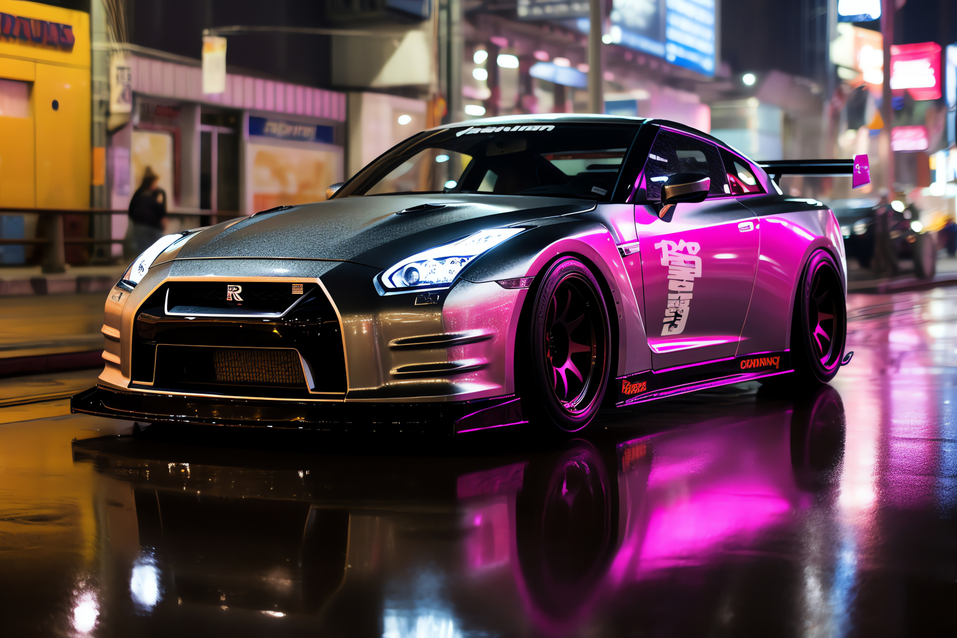 Nissan GT-R R35, Tokyo motorsports, Shibuya district cars, Enhanced auto body, Night racing, HD Desktop Image